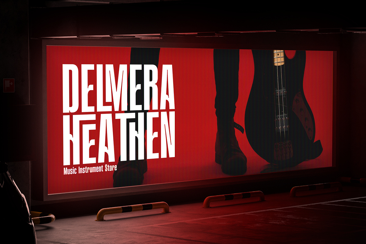 Delmera Heathen Music Instrument Store neon sign mockup with guitar silhouette