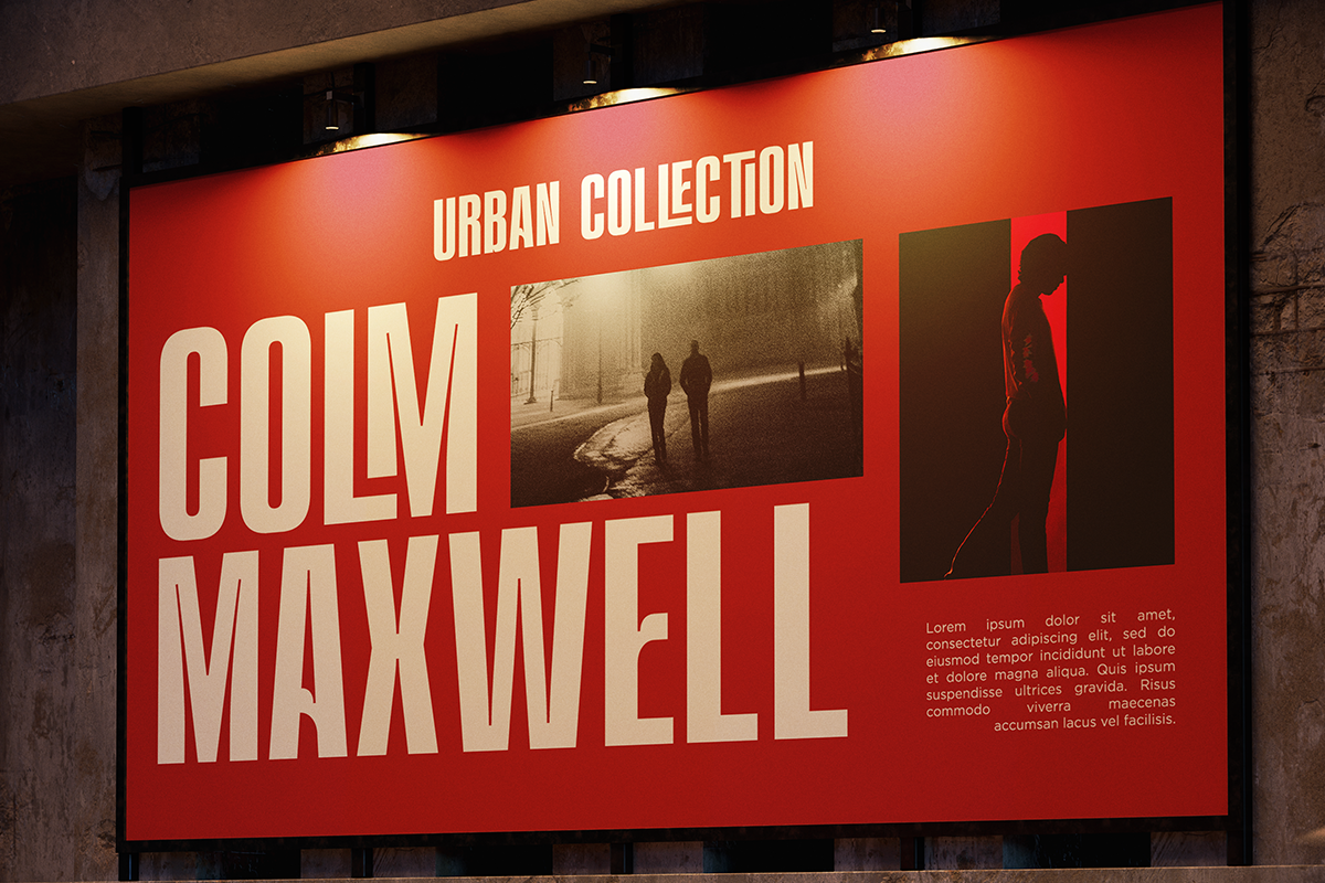 Bold red billboard mockup with cream typography, urban street photos, lorem ipsum text placement