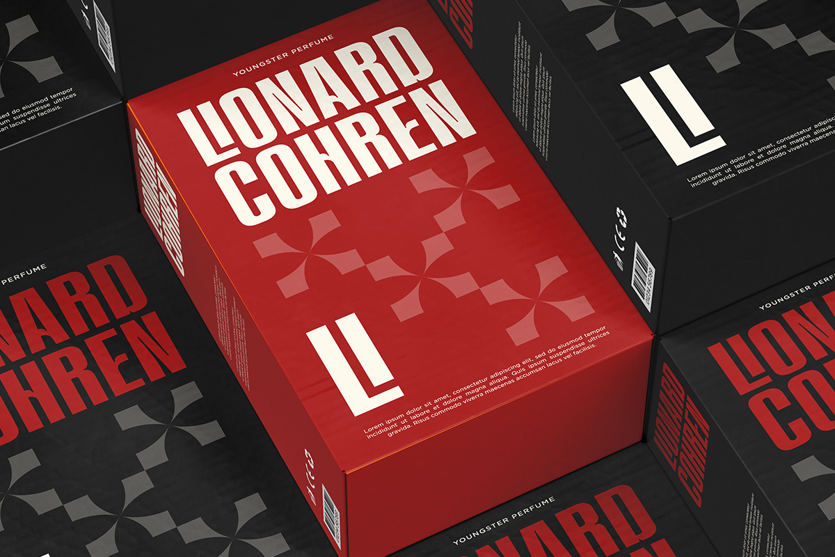 Perfume box mockup with bold red packaging surrounded by black boxes in isometric view