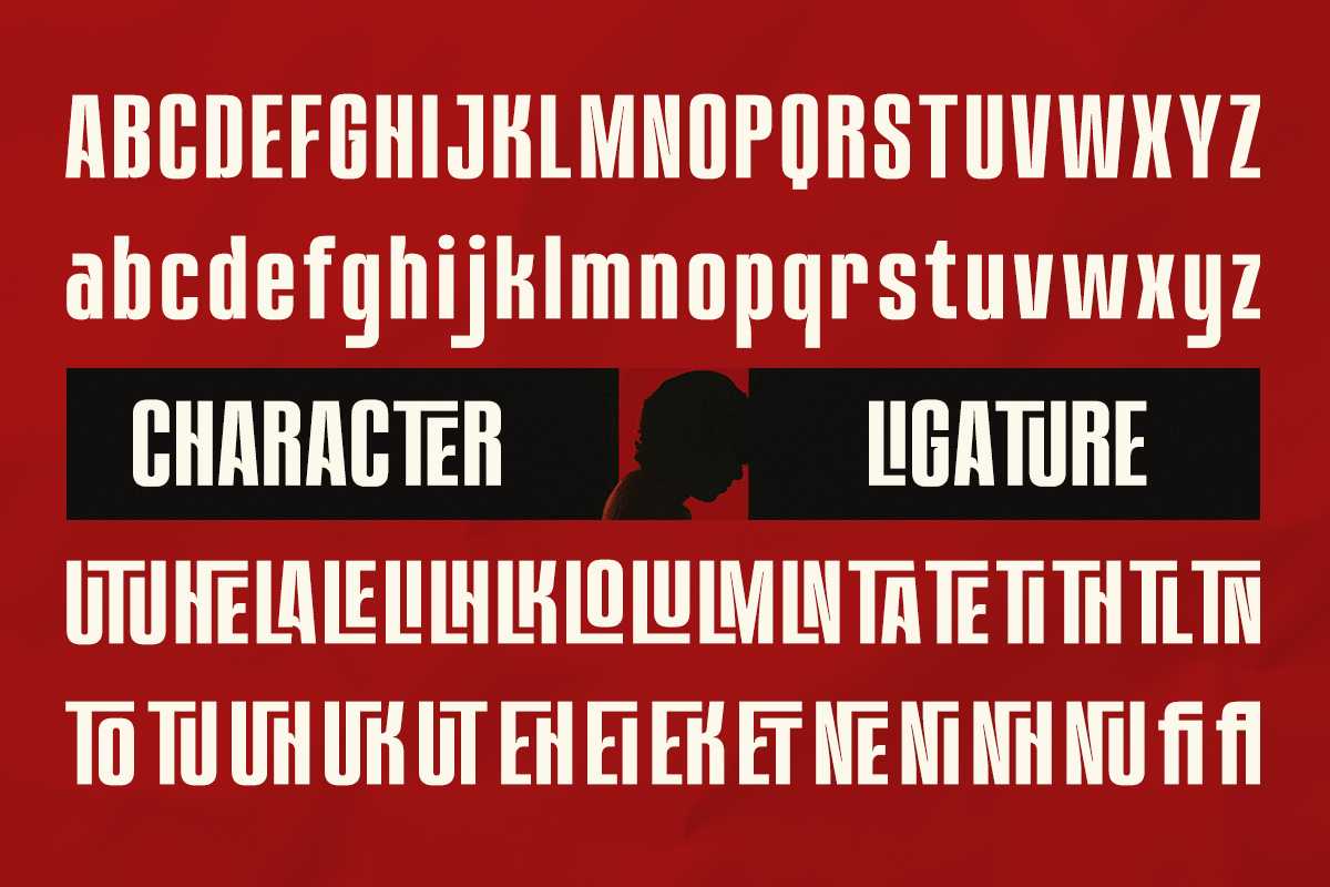 Bold sans serif font family displayed on red background with character set samples