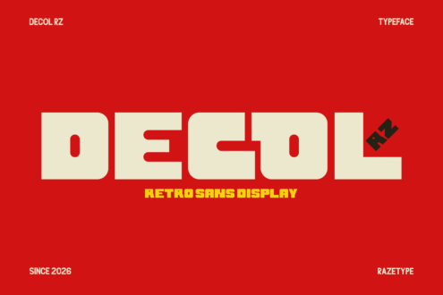 Decol RZ retro sans display typeface on bright red background with yellow text detail