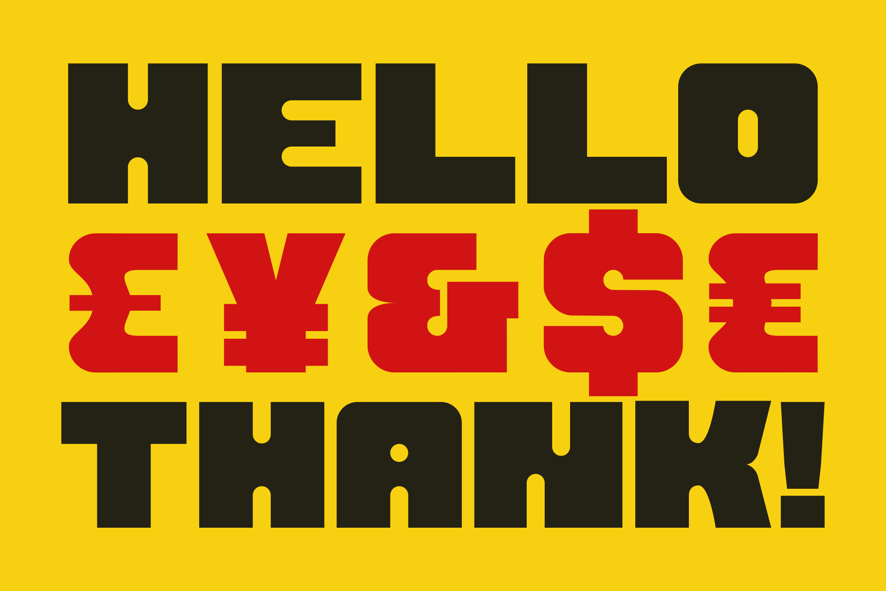 Bold retro typography with black letters, red currency symbols, yellow background