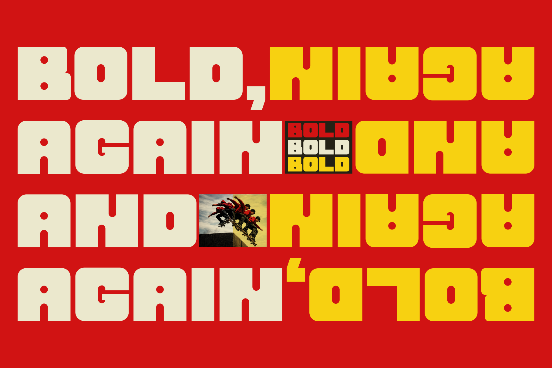 Bold, high-impact font mockup with cream, yellow, red colors on skiers image cutout