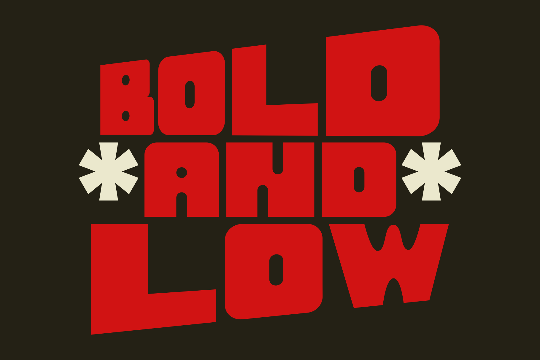 Bold red stacked lettering with cream star bursts on dark background, retro vibe