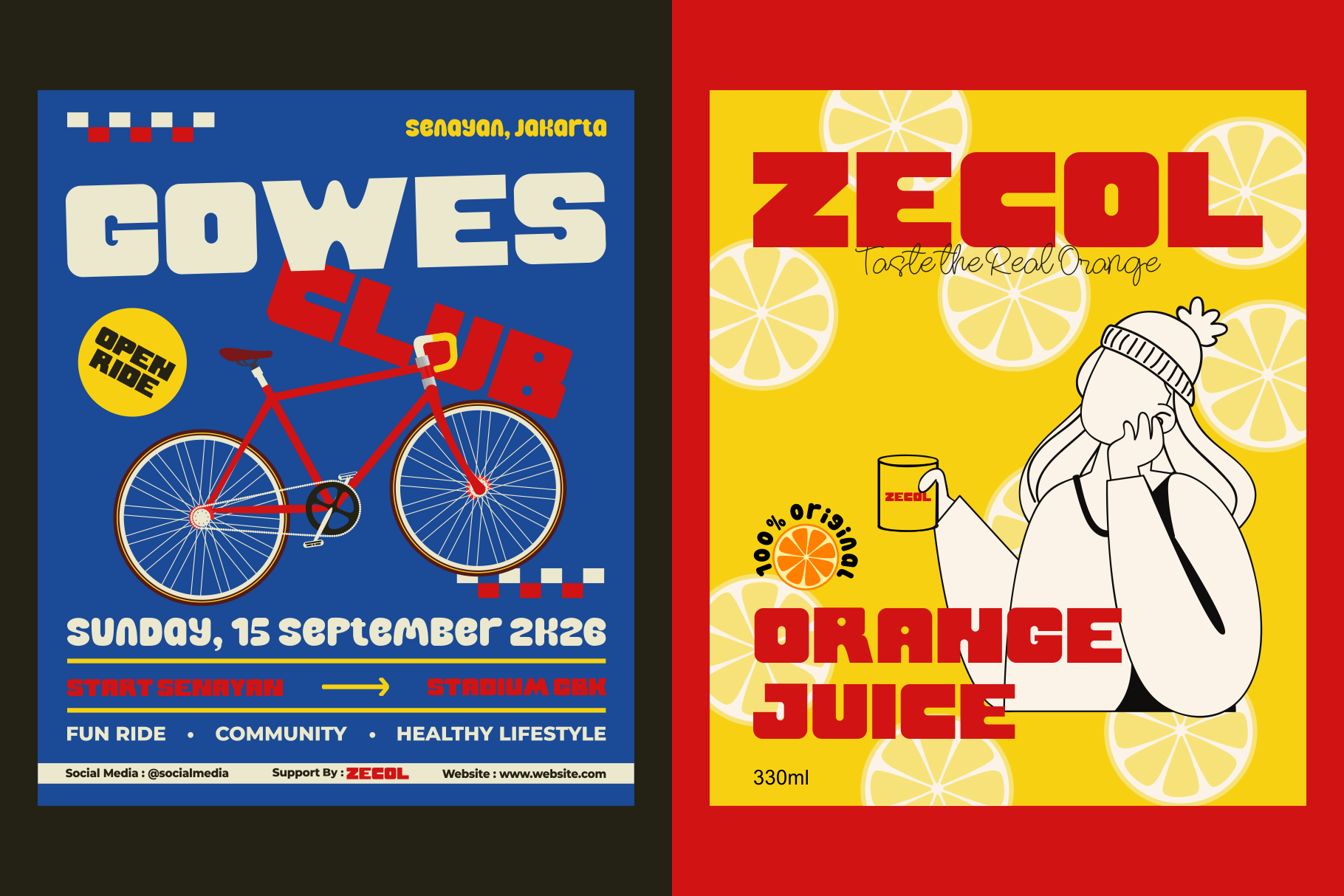 Left: Blue bike event poster with red bicycle, yellow circle badge, white retro typography Right: Yellow juice bottle label with illustrated girl, red text, lemon slice pattern throughout