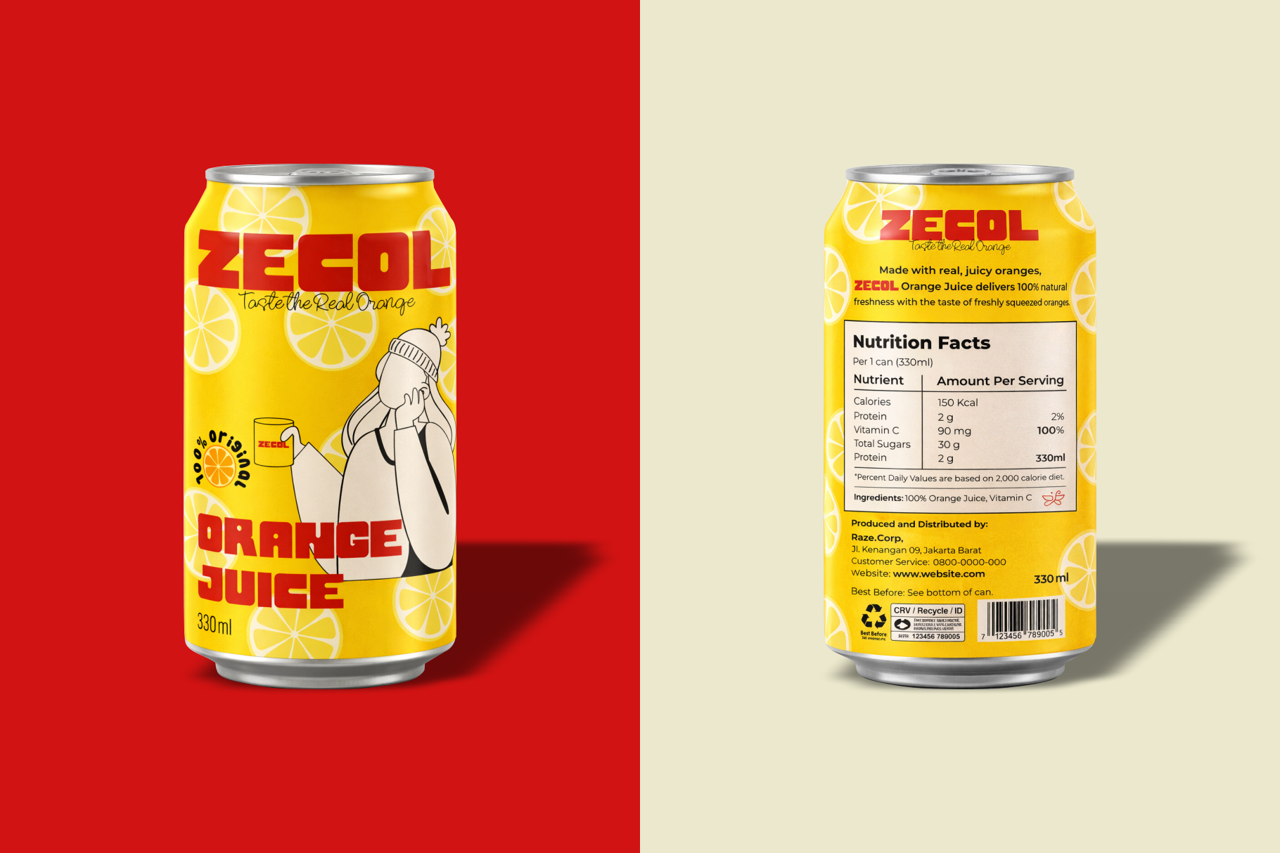 Zecol orange juice can mockup shown front with illustration on red background, back with nutrition facts on cream background