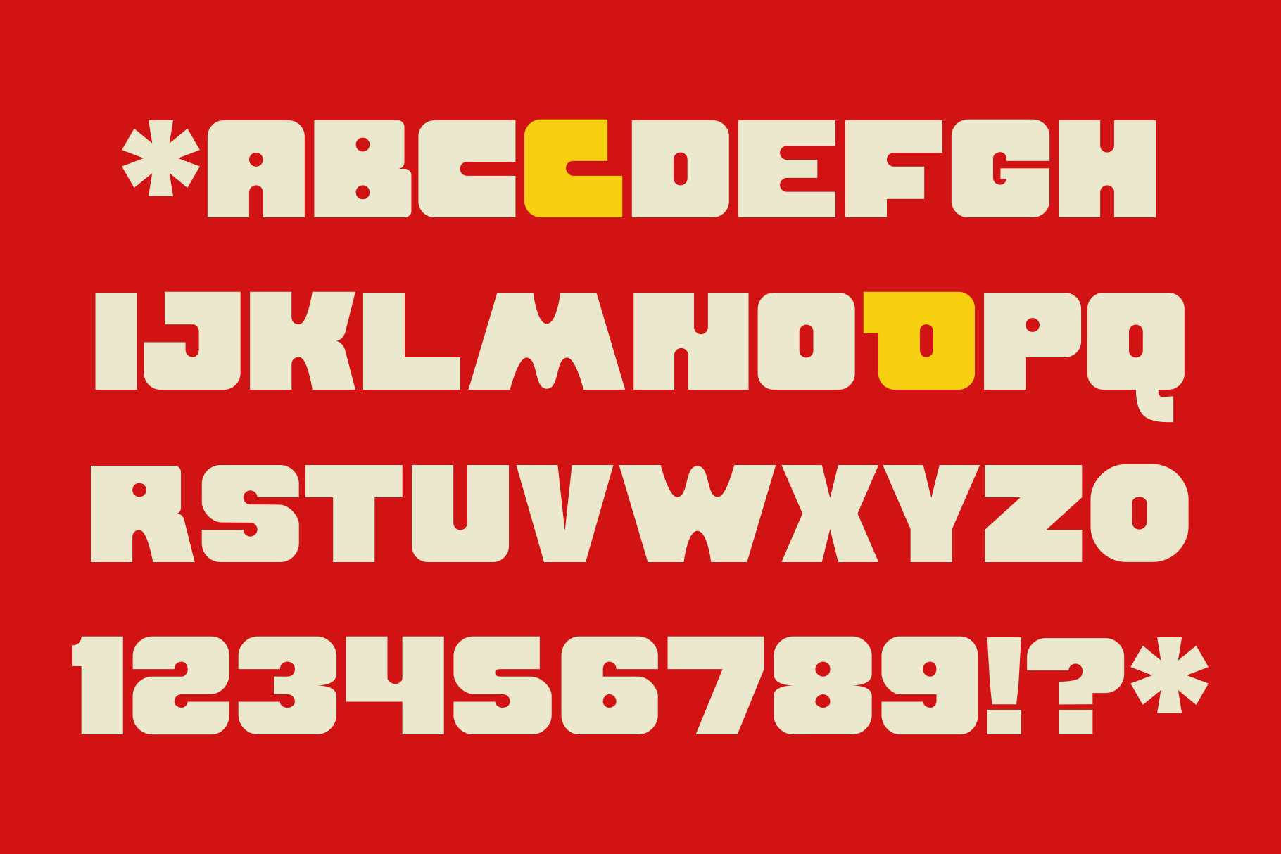 Bold retro font with cream letters on red background, yellow highlights pop