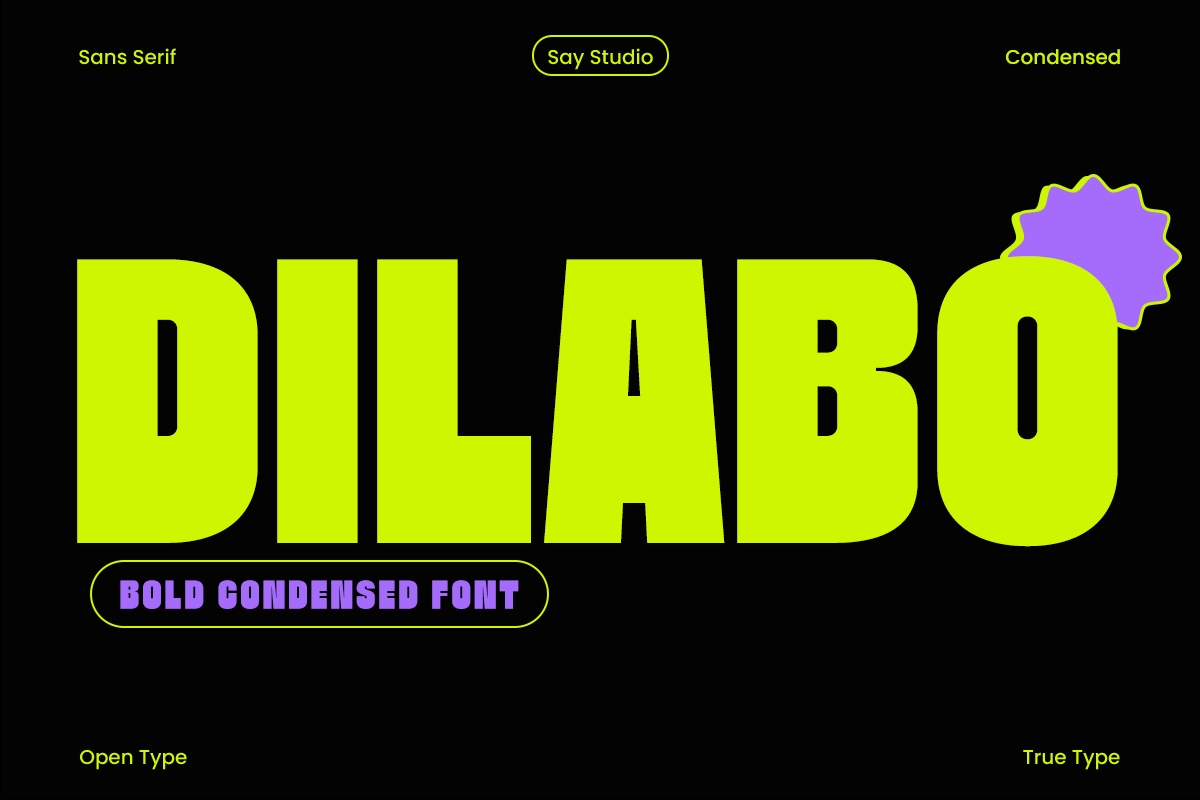 Neon yellow bold condensed typeface on black background with purple badge accent
