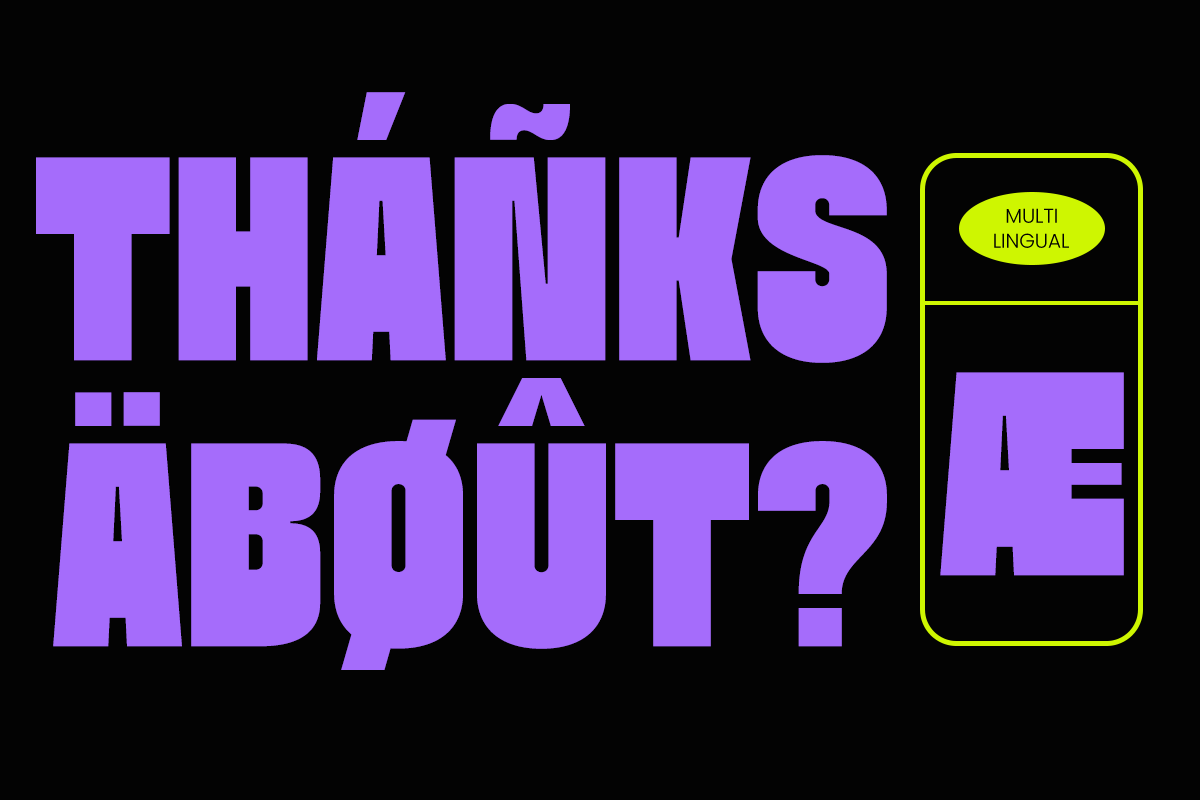 Bright purple bold text saying "thanks about?" with neon yellow phone mockup on black background