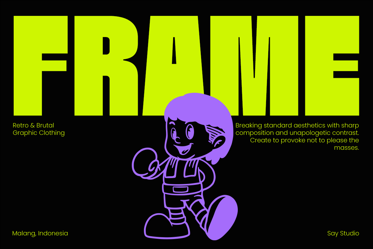 Neon yellow FRAME text with purple cartoon character on black background