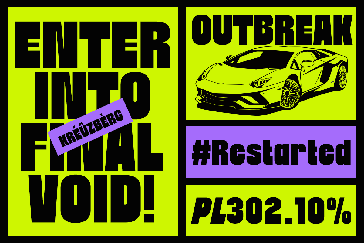 Neon yellow poster with bold black text saying "Enter Into Final Void" plus sports car graphic