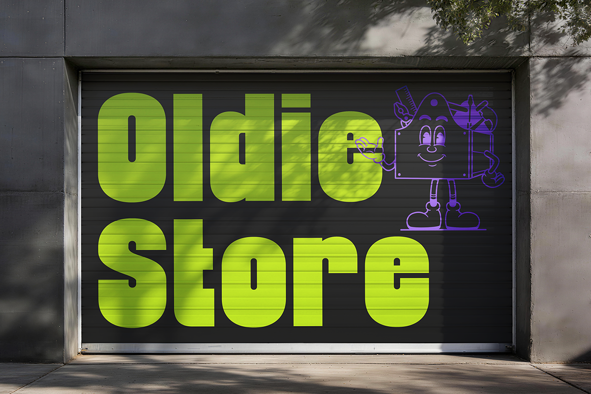 Neon yellow storefront sign with chunky rounded letters reading "olio store" plus playful purple character mascot on dark background