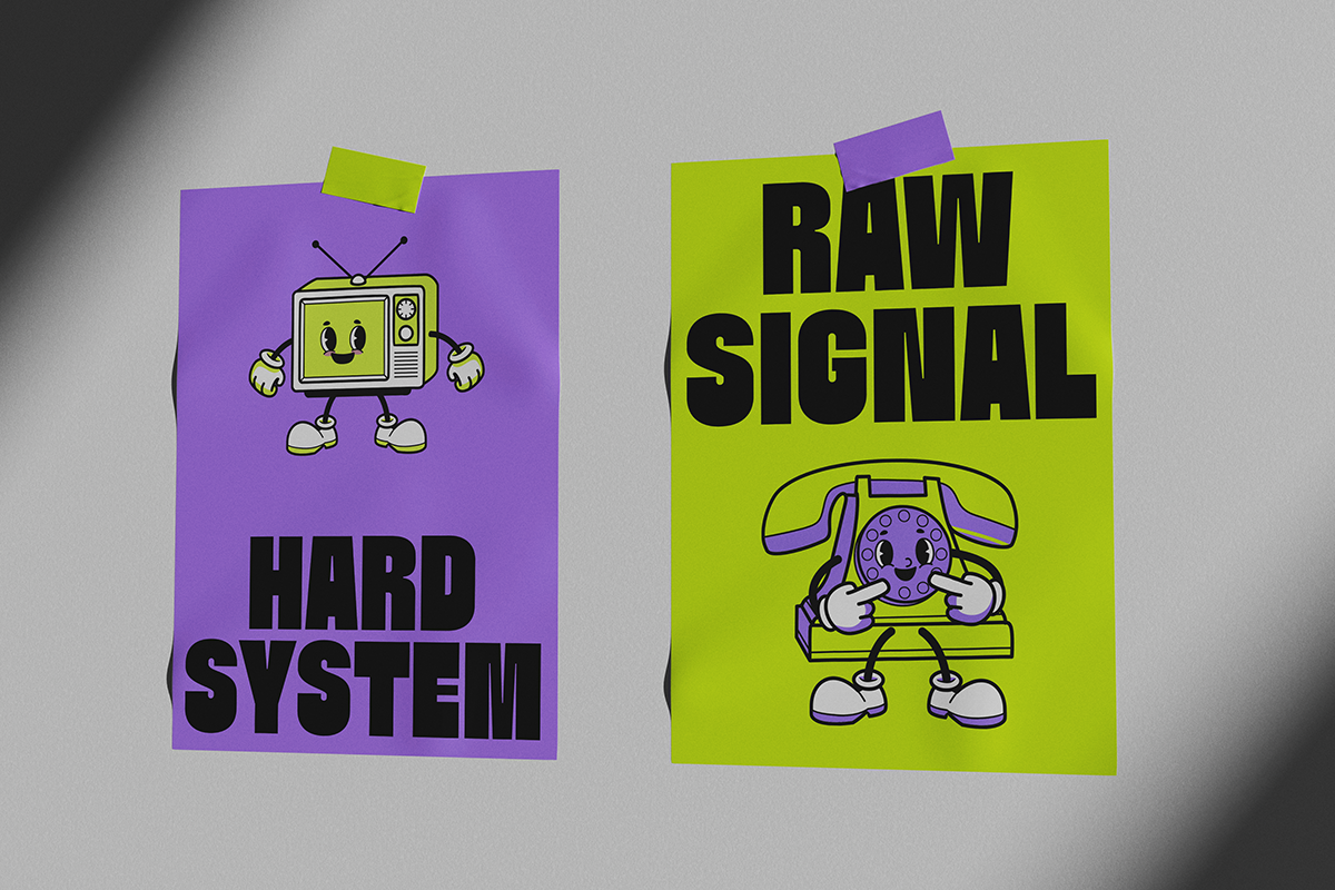 Retro posters with cartoon TV set on purple, rotary phone on lime green background