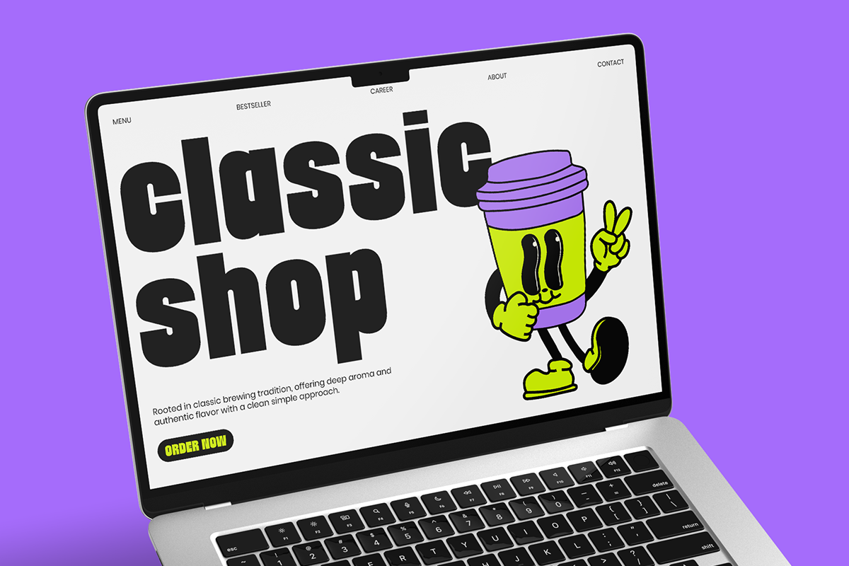 Laptop mockup showing retro coffee shop website with bold black typography, quirky yellow mascot character, purple accent on vibrant background