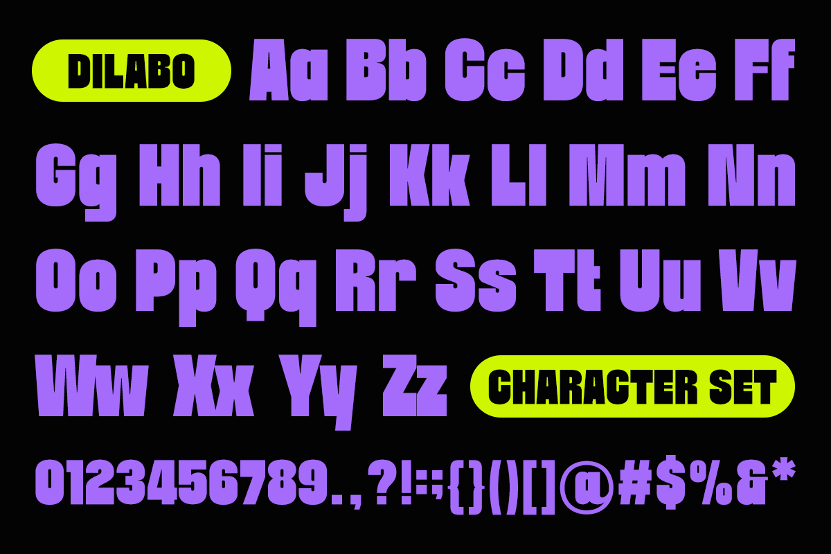 Dilabo bold typeface with full character set in neon purple on black background