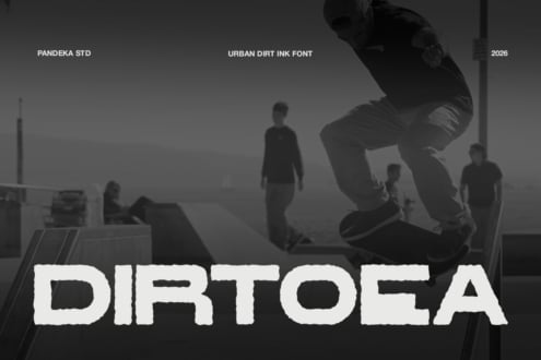 Skateboarder mid-trick with rough distressed font overlay on gritty street scene