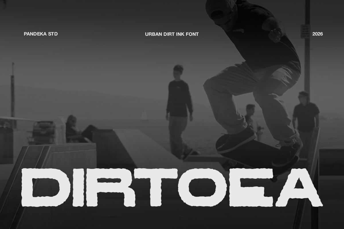 Skateboarder mid-trick with rough distressed font overlay on gritty street scene