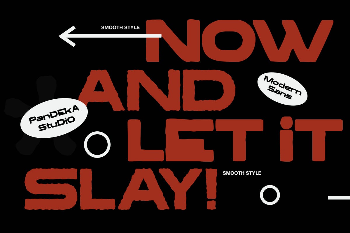 Bold red typography on black with "Now and Let it Slay" text plus studio branding