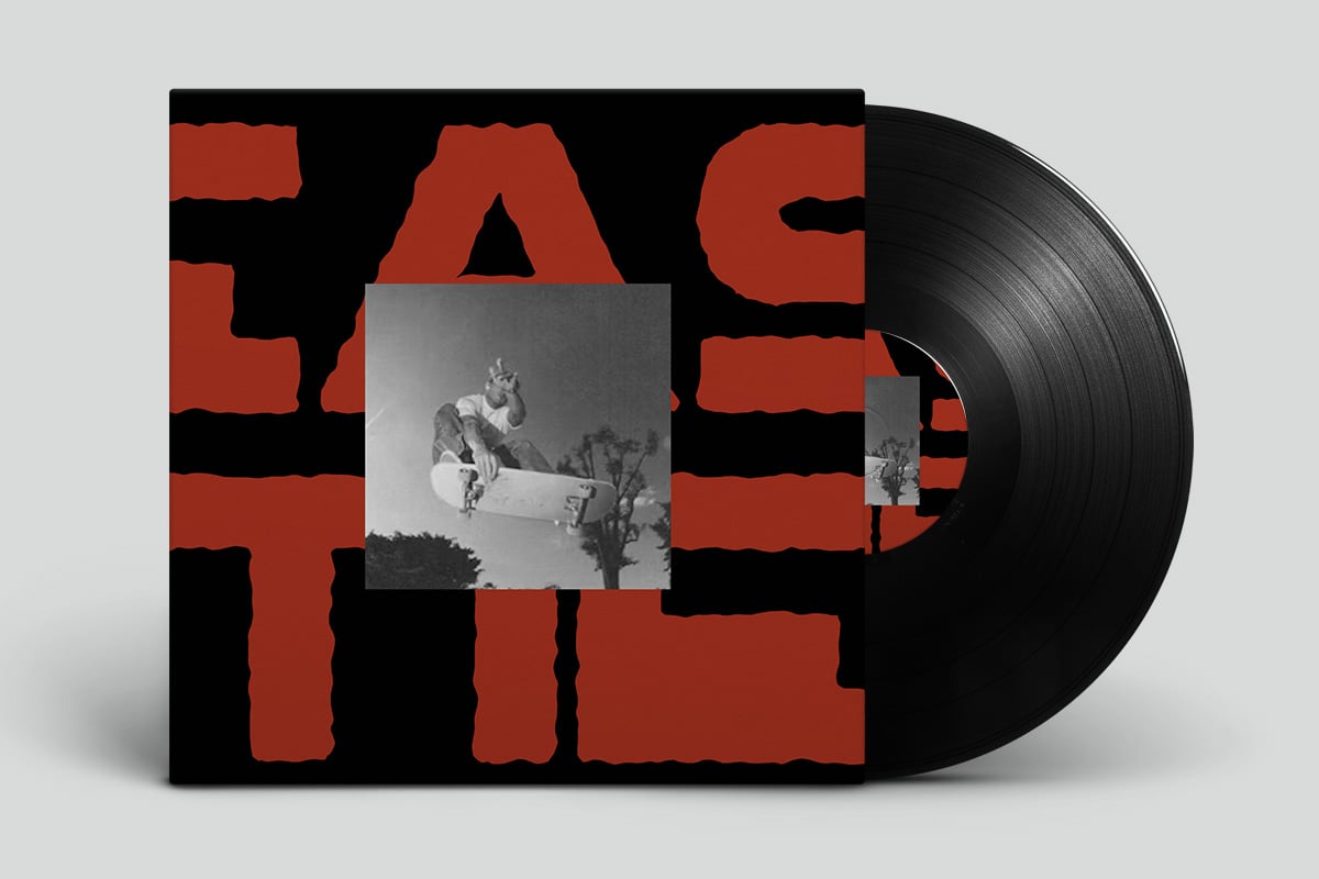 Vinyl album cover mockup with bold red typography cutouts revealing black vinyl disc on right side