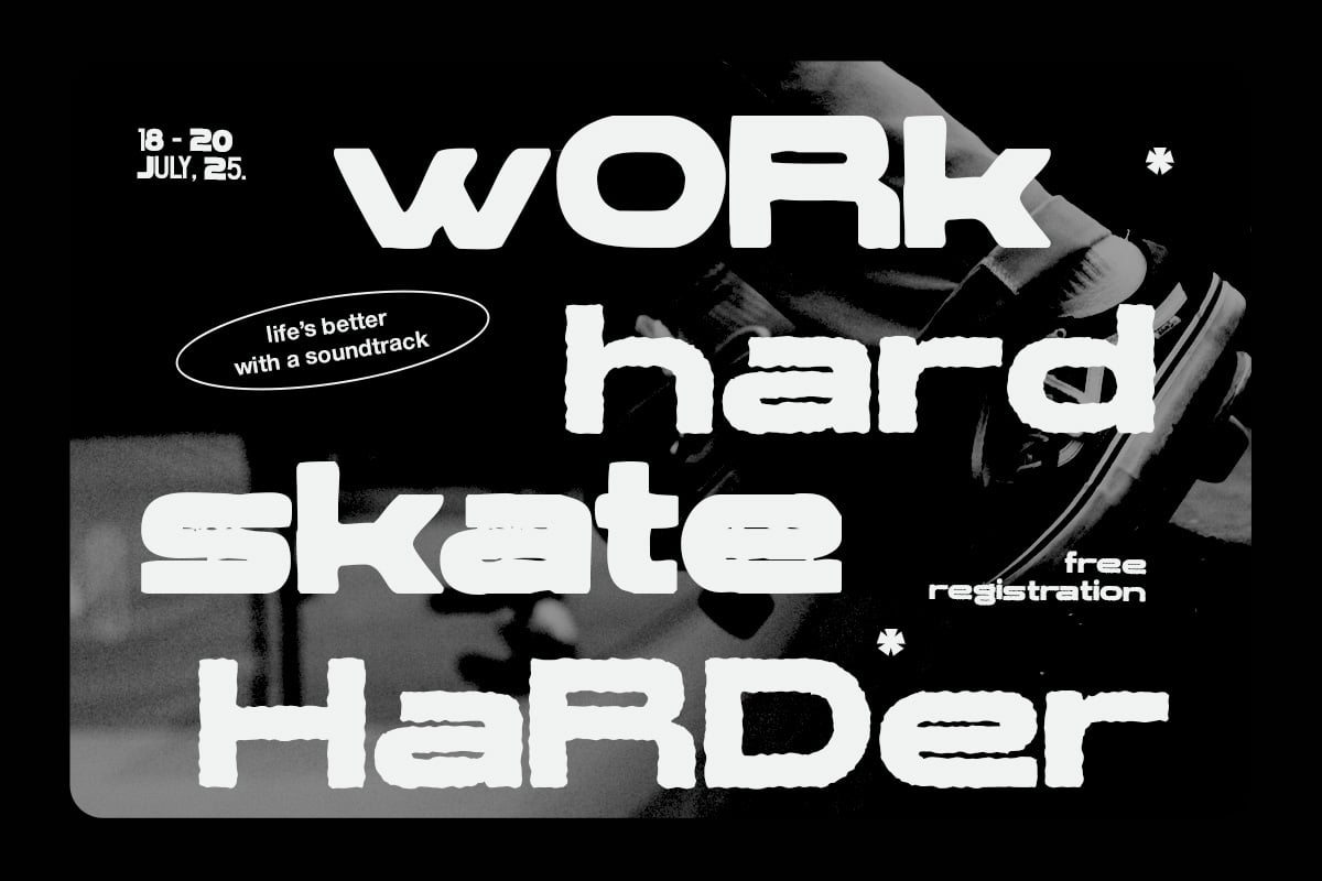 Skateboarding event poster with bold white type, grayscale sneaker photo, dates, tagline in oval speech bubble