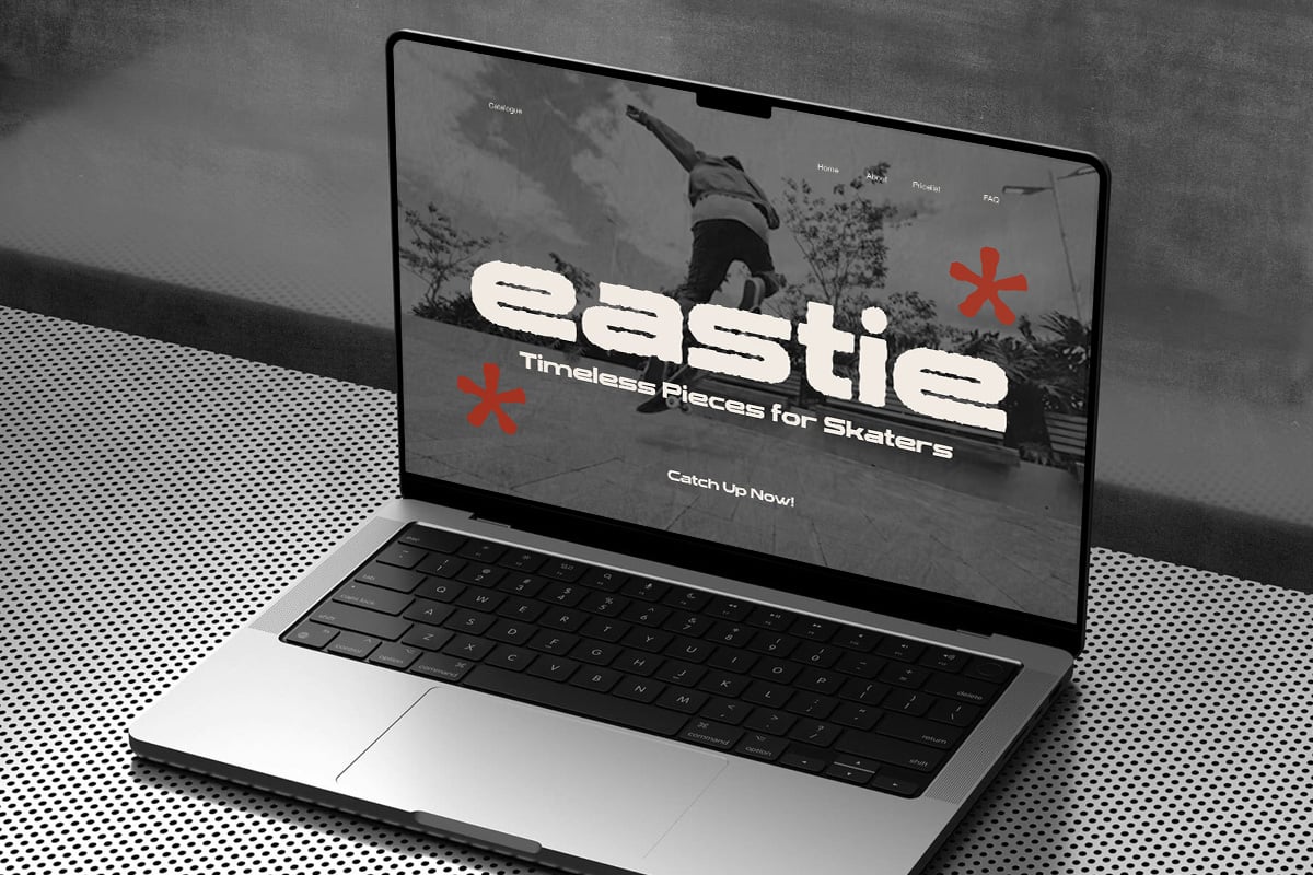 Laptop mockup showing skateboard brand website with bold white typography, red asterisks, black white photo of skater in air