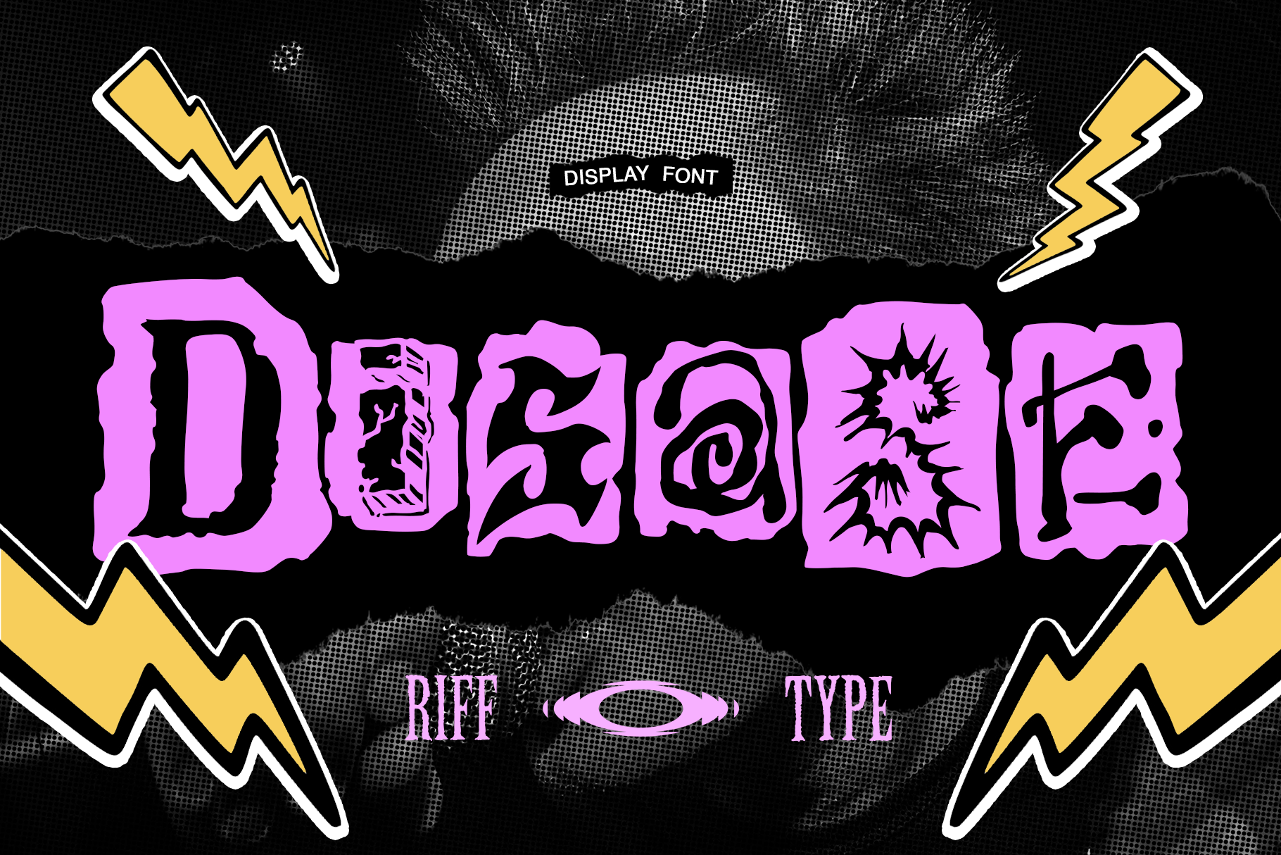 Loud retro display font with neon pink letters, yellow lightning bolts, grungy textures on black