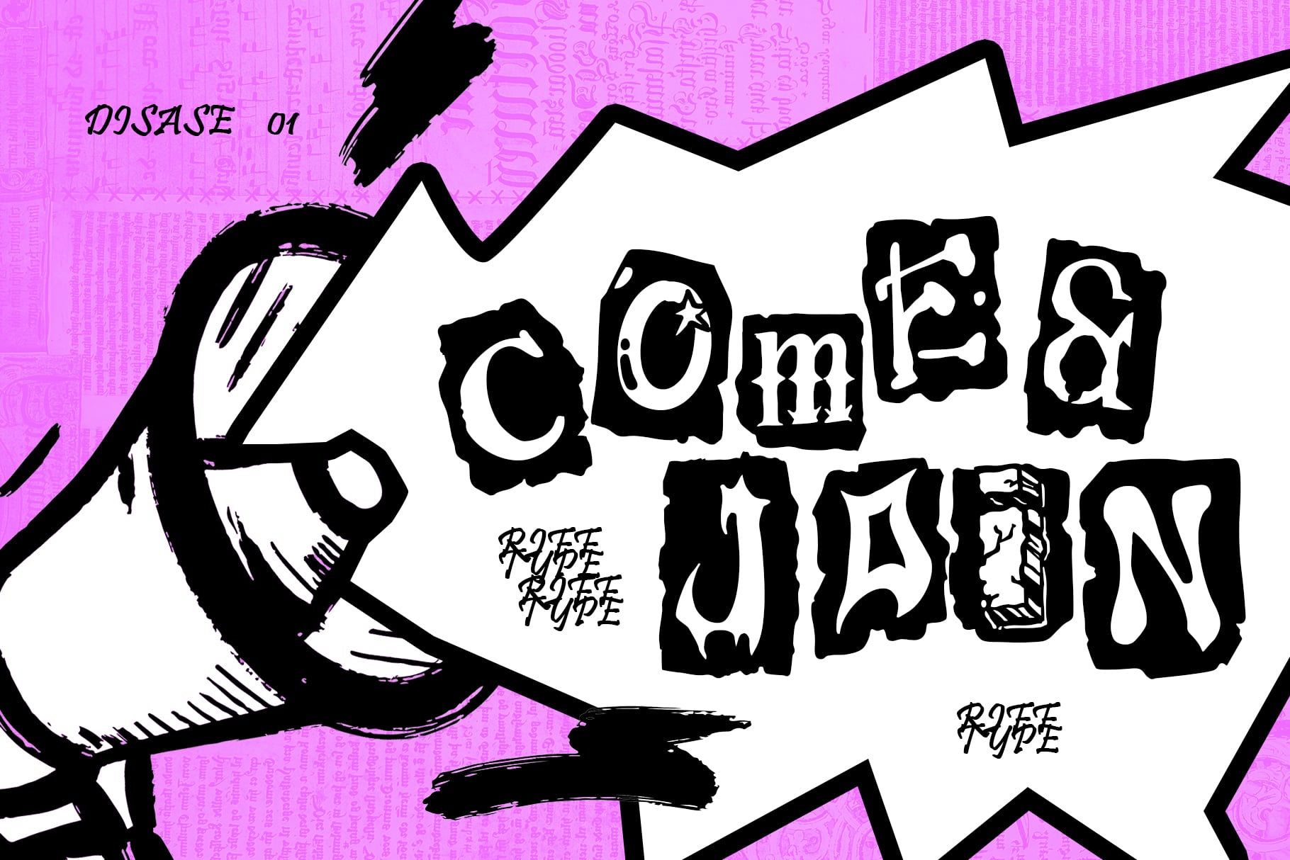 Grungy black lettering spelling "Come Up" with rough brush strokes on hot pink background with geometric shapes