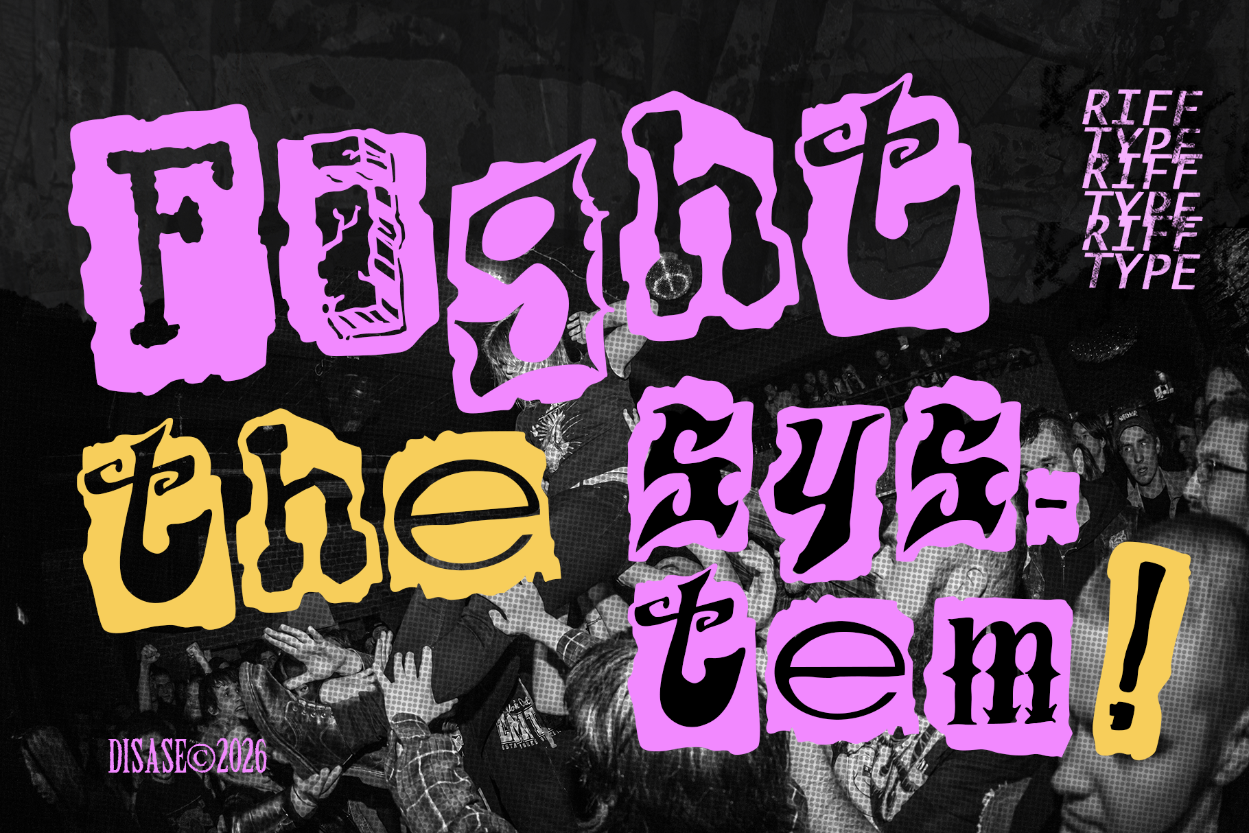 Neon pink wavy typeface overlaid on grayscale crowd photo with yellow accents