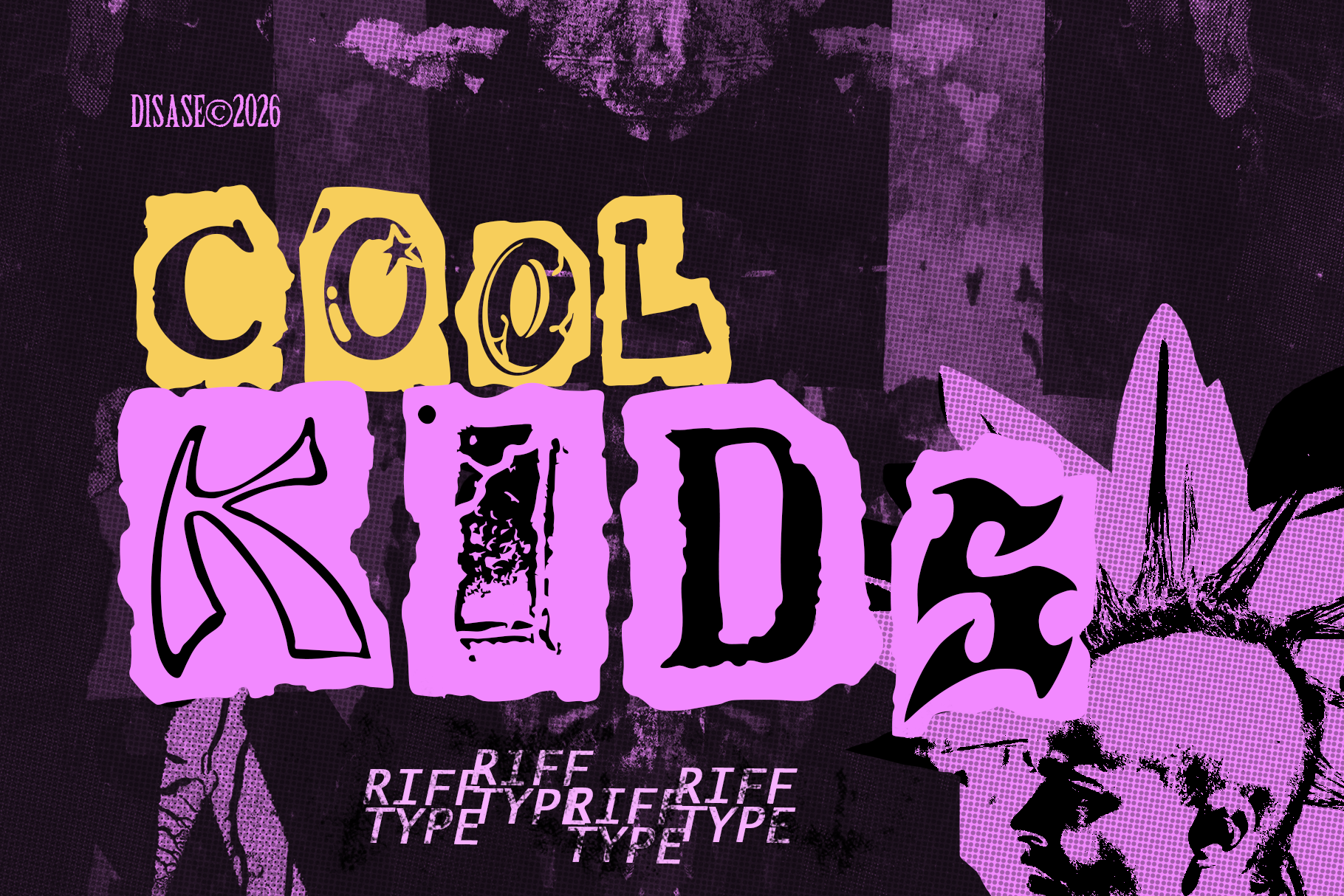 Bold neon poster with yellow letters spelling COOL over hot pink wavy shapes on dark purple grunge background with botanical elements