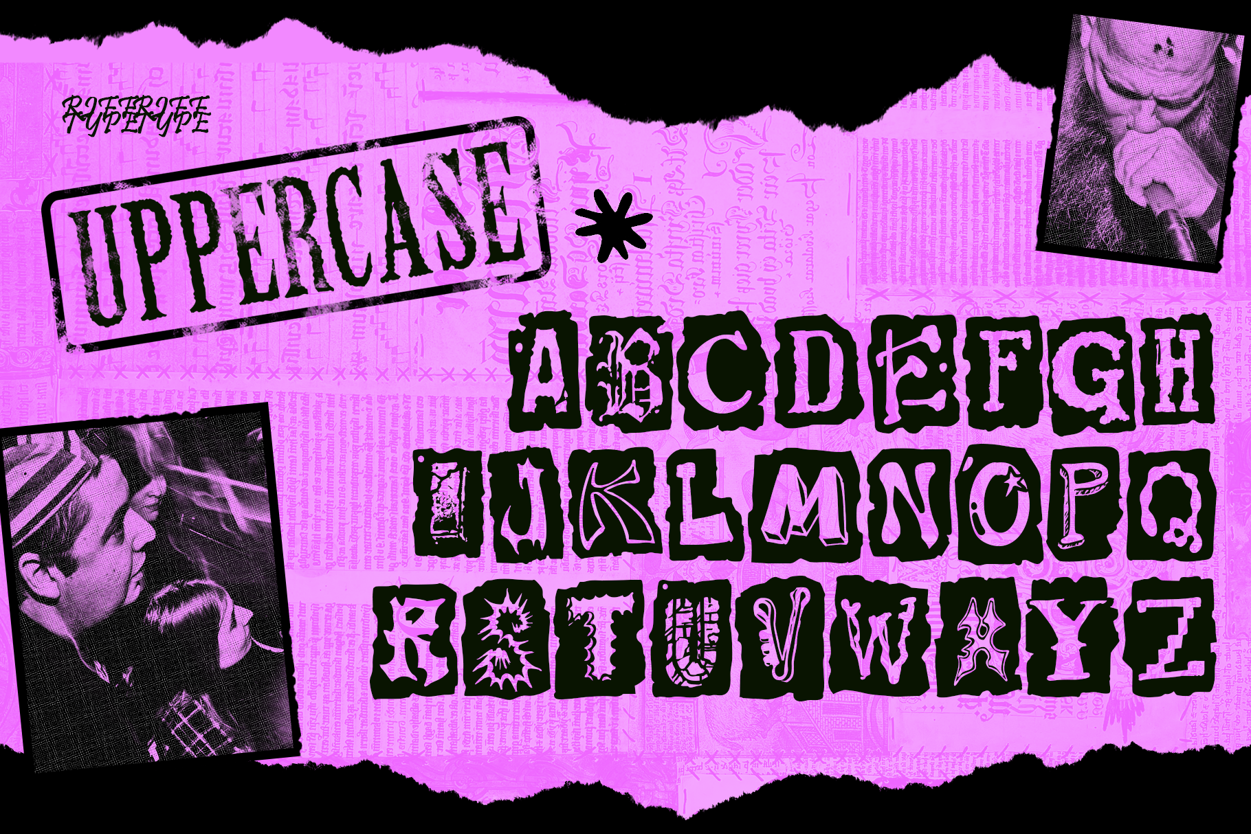 Grungy uppercase font with distressed edges, neon pink background, black photo cutouts on sides