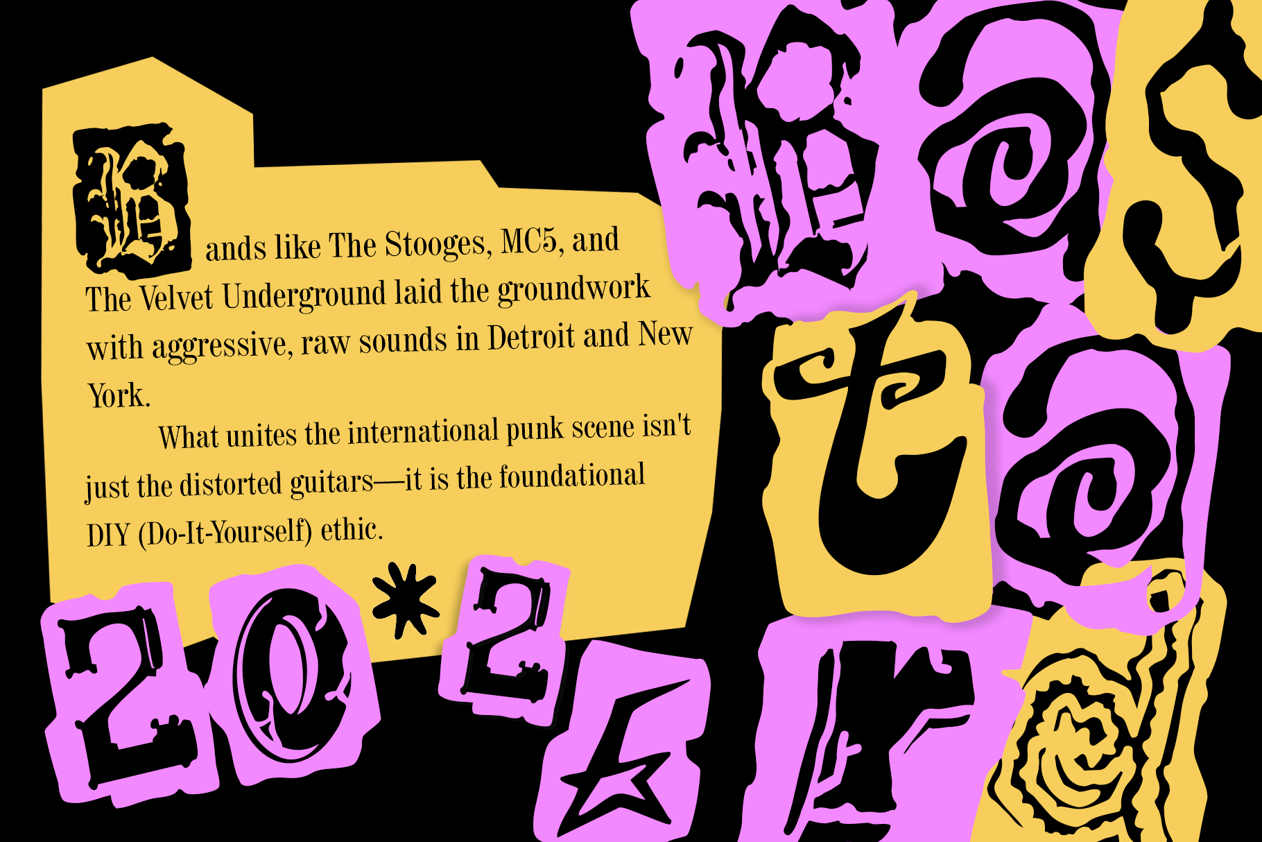 Bold punk zine layout with neon pink, black, yellow text blocks on distorted shapes