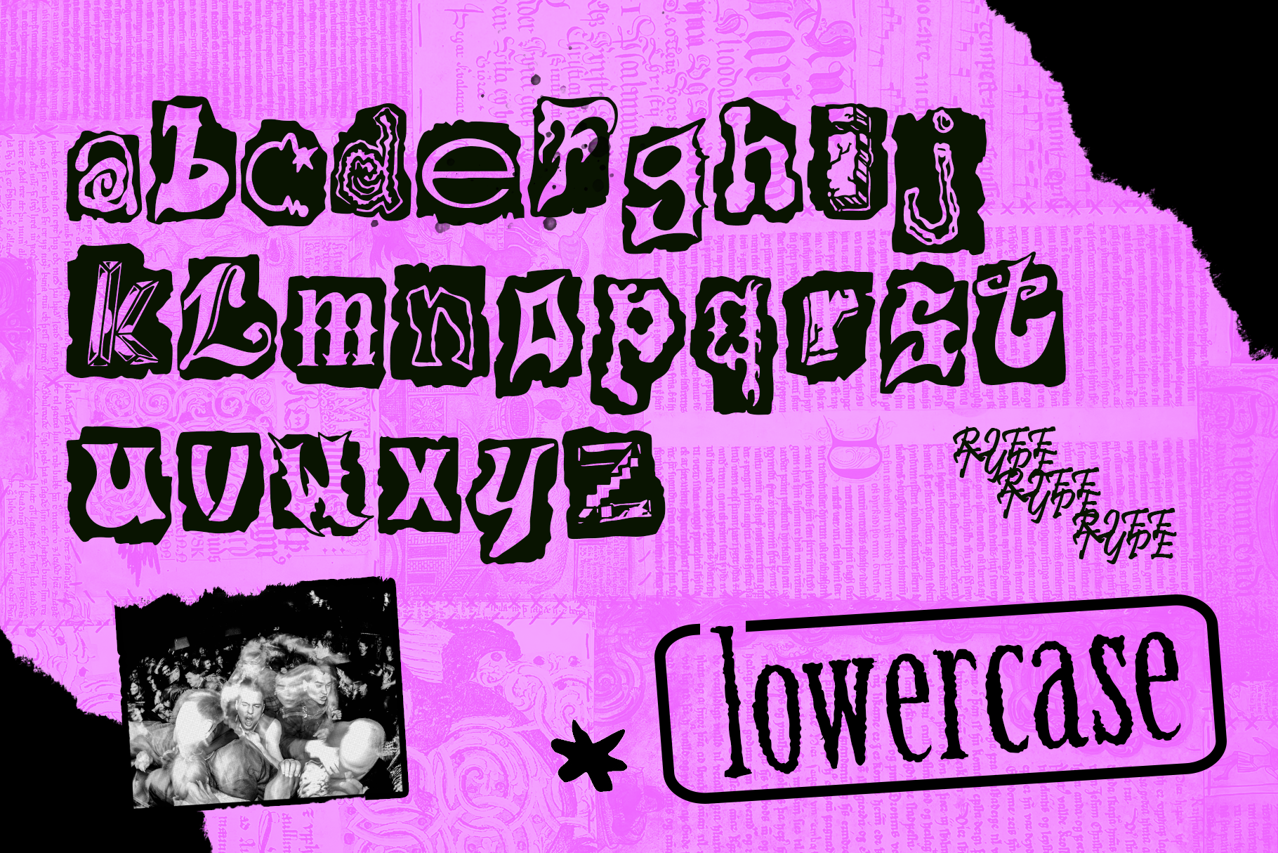Bold distressed typeface with thick black outline letters on neon pink background with vintage photo cutout