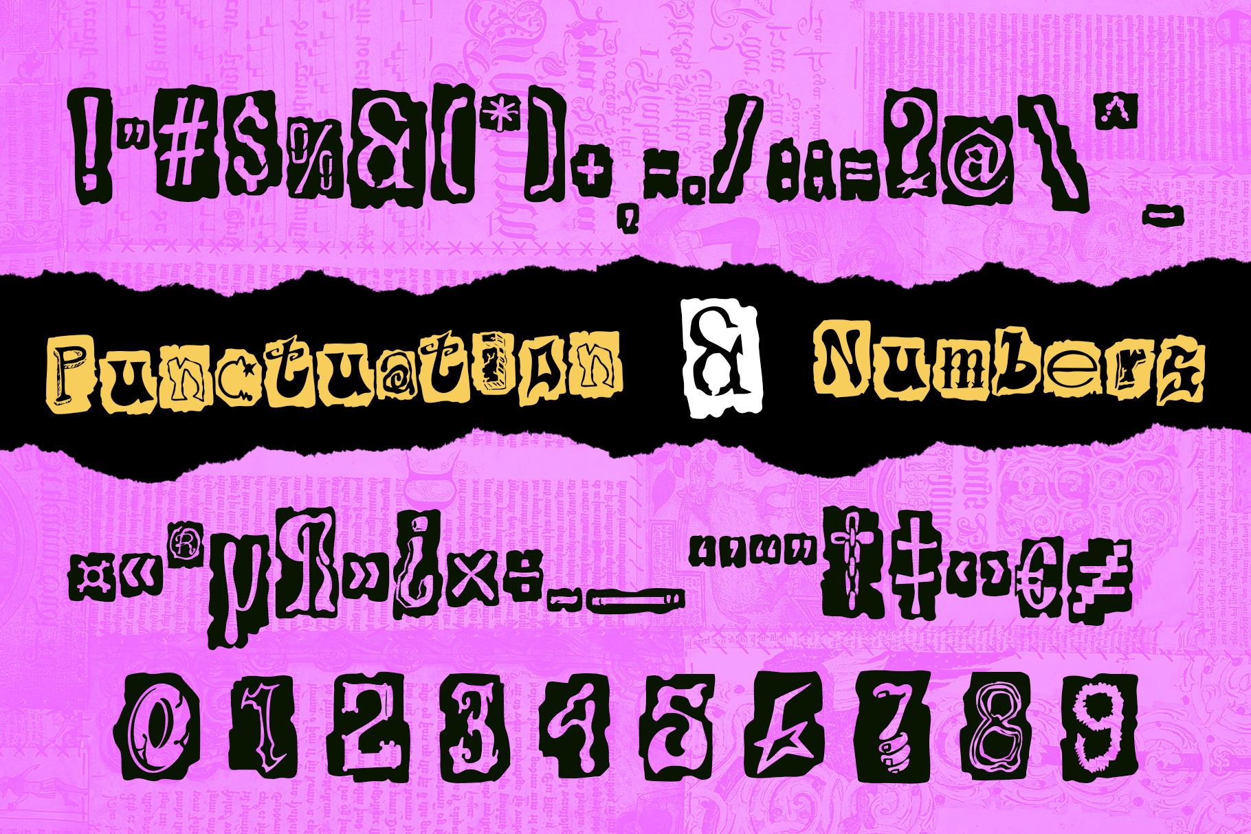 Neon graffiti font with distressed black letters on hot pink background showing symbols, numbers, characters