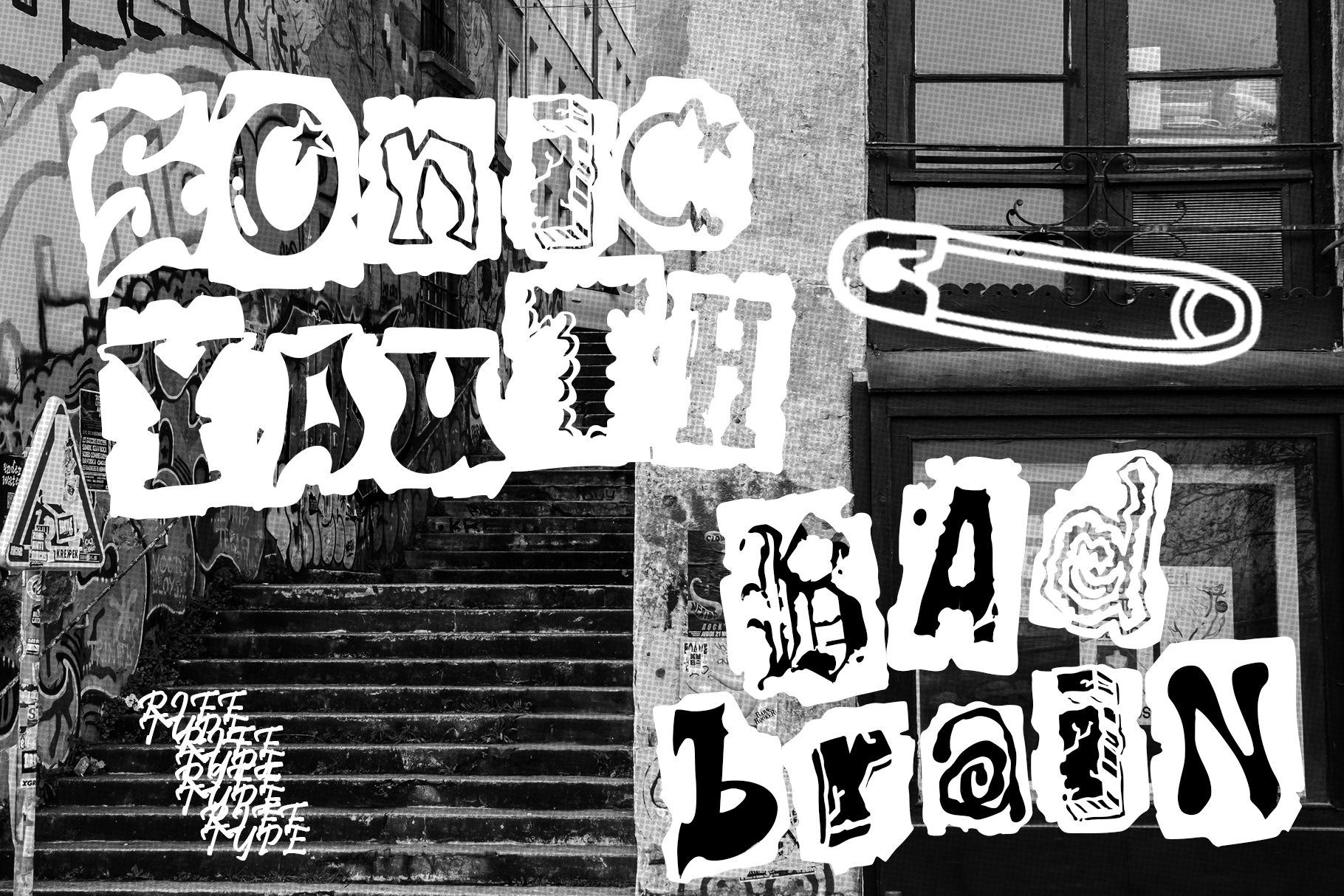 Gritty black white urban staircase shot with wild graffiti lettering overlaid on brick wall