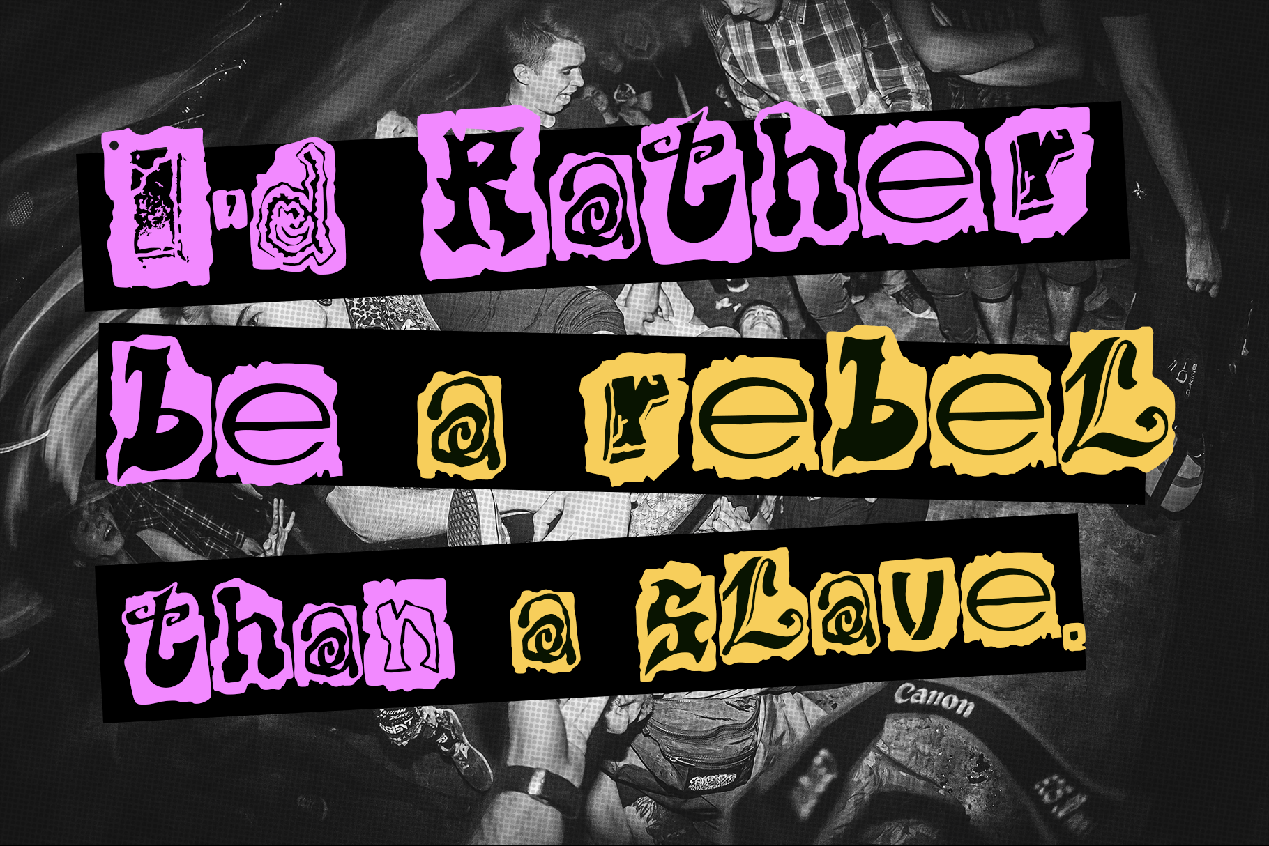 Retro poster mockup with neon pink plus yellow graffiti text over black-and-white vintage crowd photo
