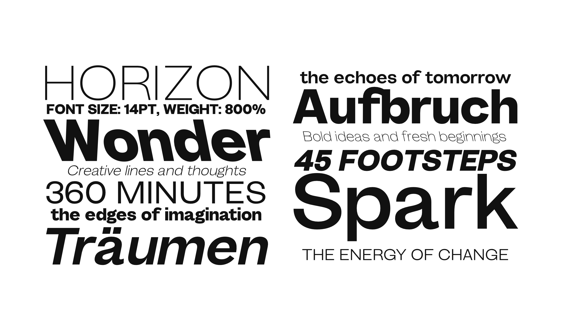 Horizon Wonder font specimen showing weights, sizes, italics with inspirational text samples