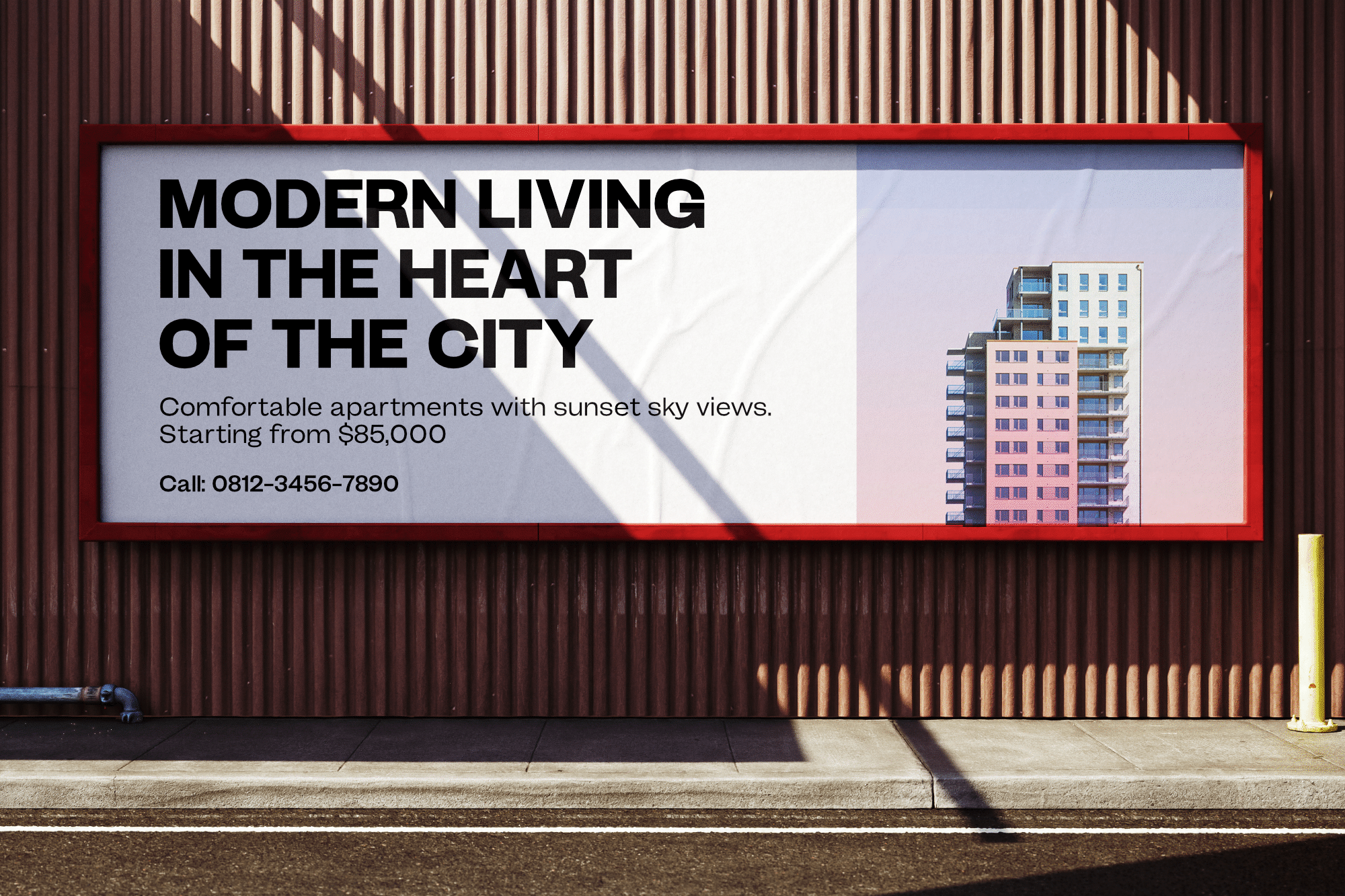 Red-framed billboard with bold typography advertising luxury apartments, modern building illustration on right side
