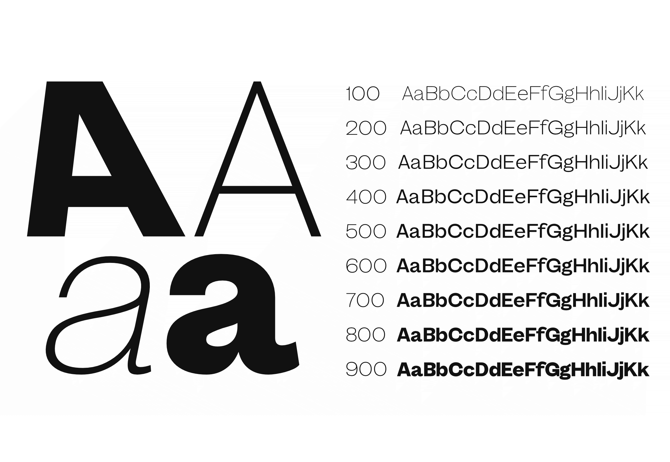 Font weight variations showing bold geometric sans-serif letterforms with matching italic style samples
