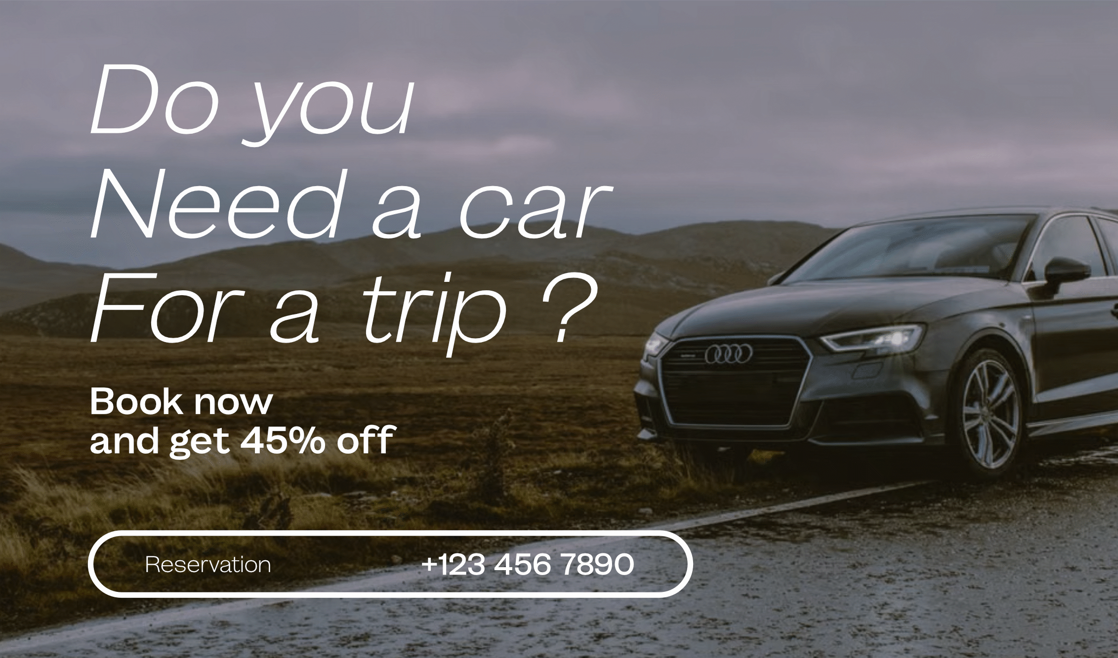 Car rental landing page mockup with Audi on desert road, booking offer