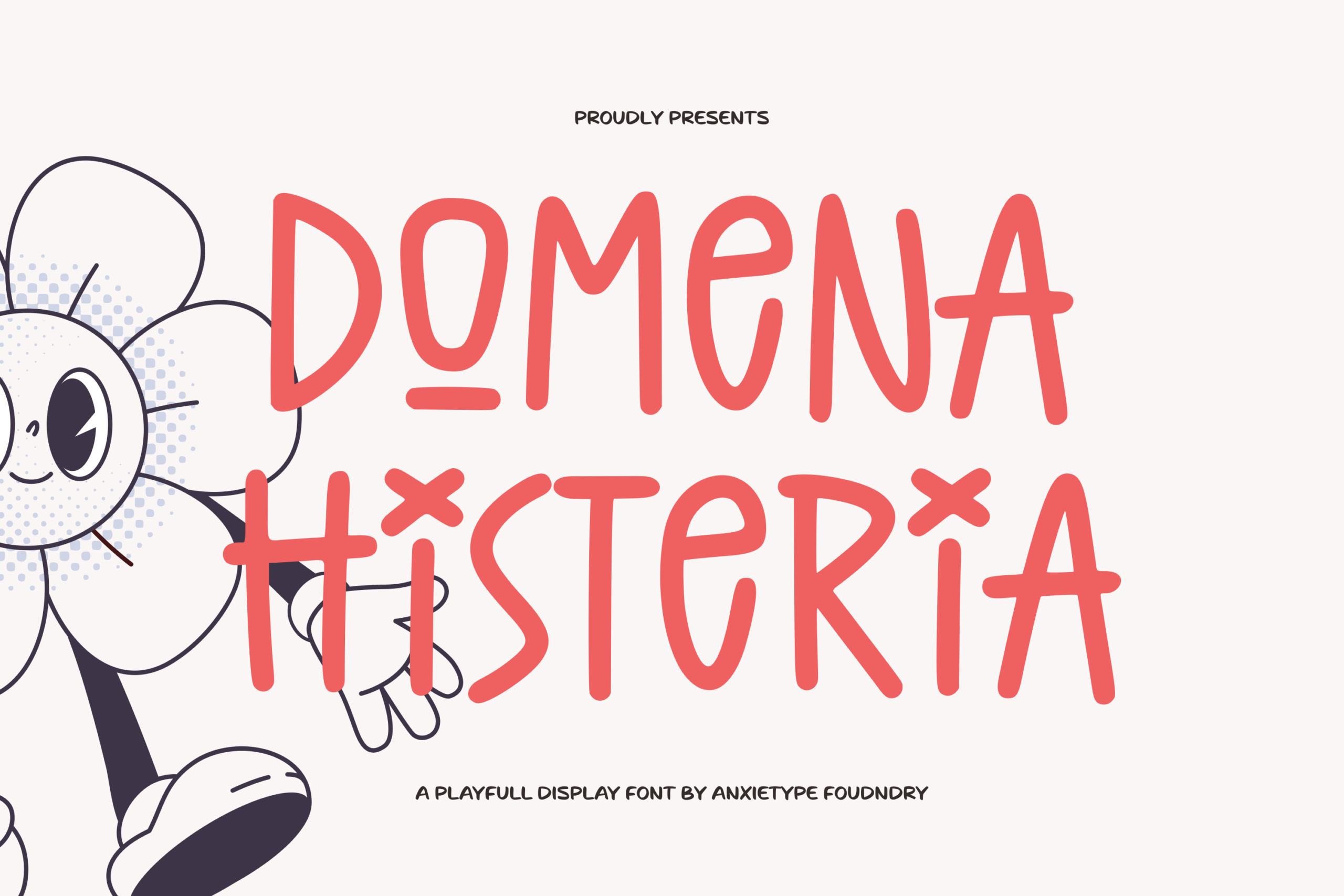 Domenusteria display font with playful cartoon character on cream background