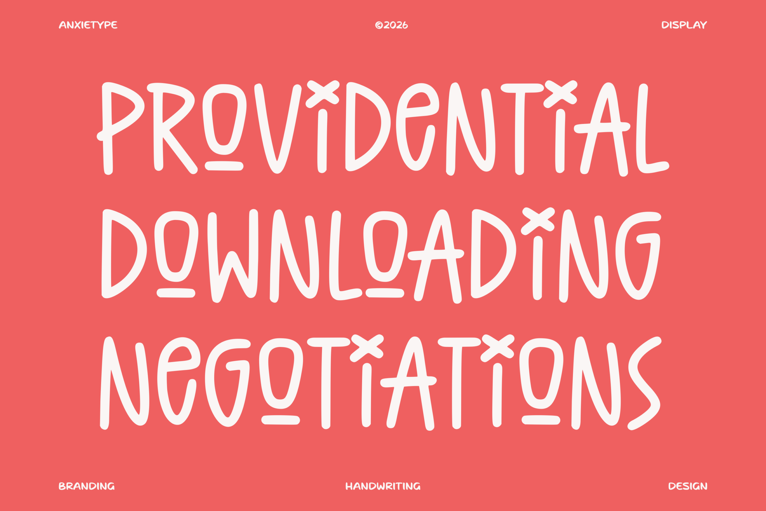 Anxietype display font with crossed-out words on coral background showing playful handwriting style