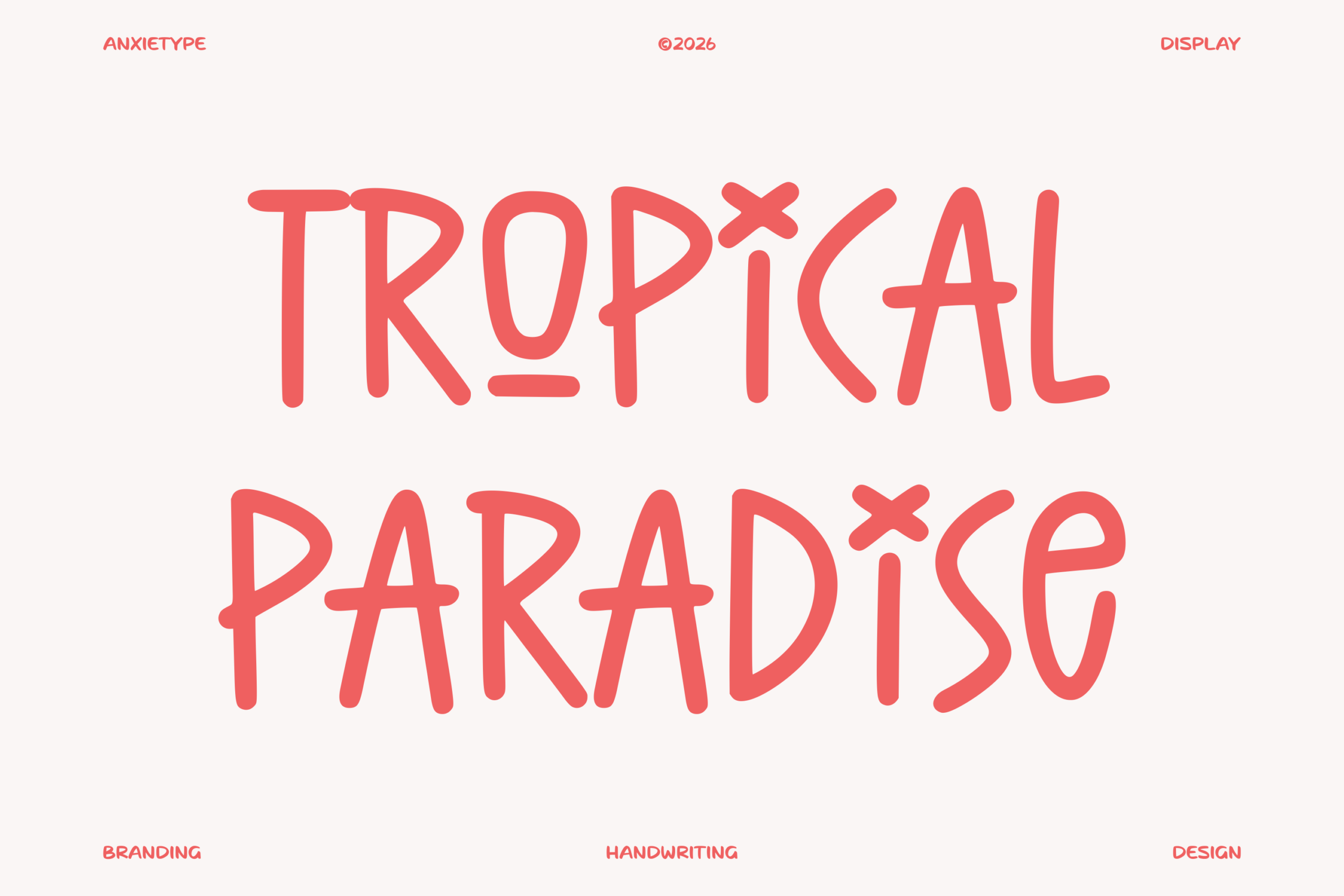 Tropical Paradise font in coral red handwritten style with playful crossed-out letters on white background