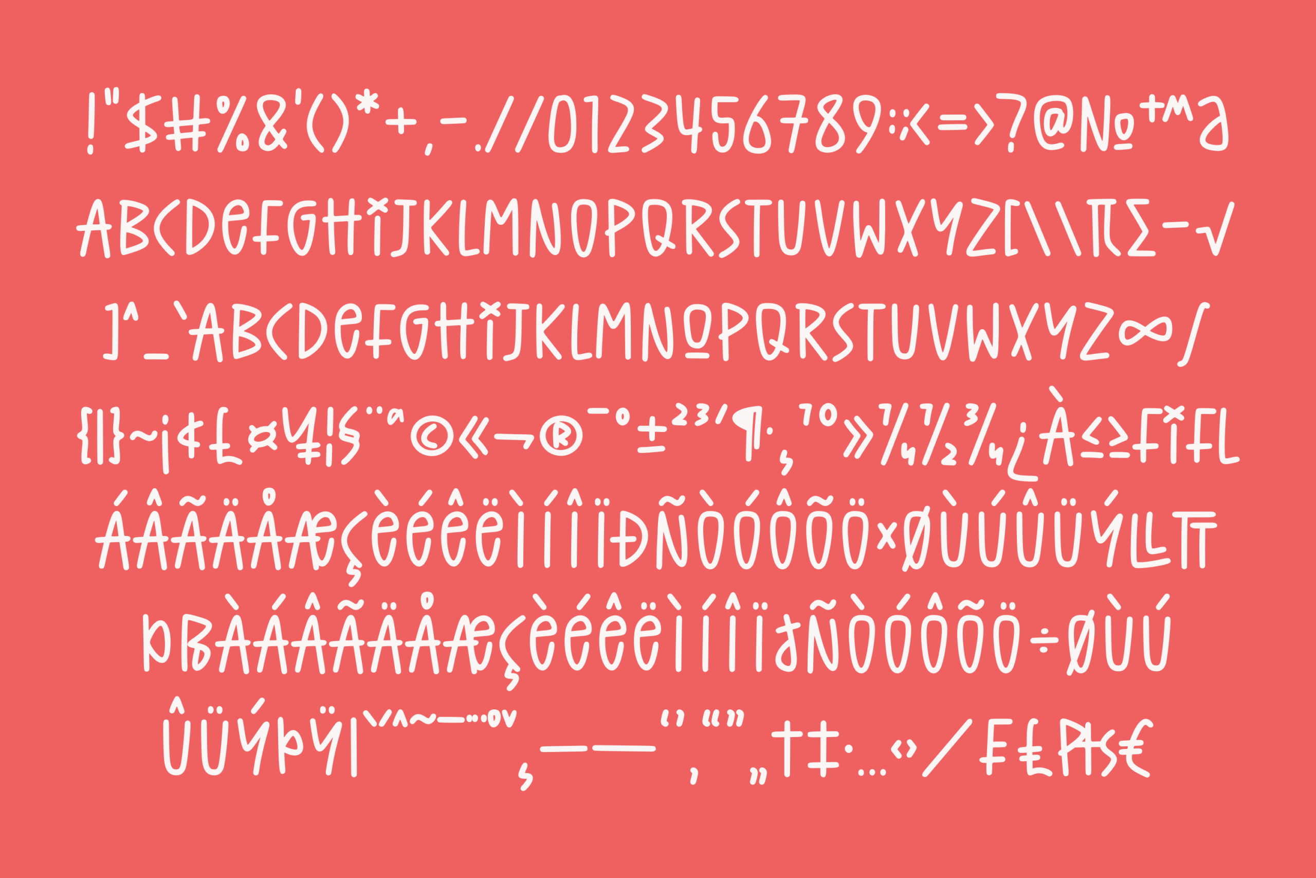 Hand-drawn font with wonky characters, accents, symbols on coral background