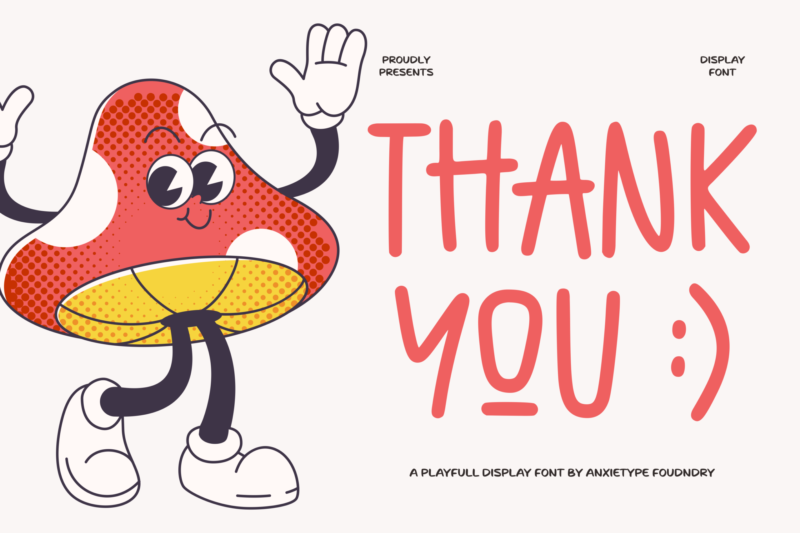 Playful retro character with red polka dot body waving next to bold pink "THANK YOU" display font