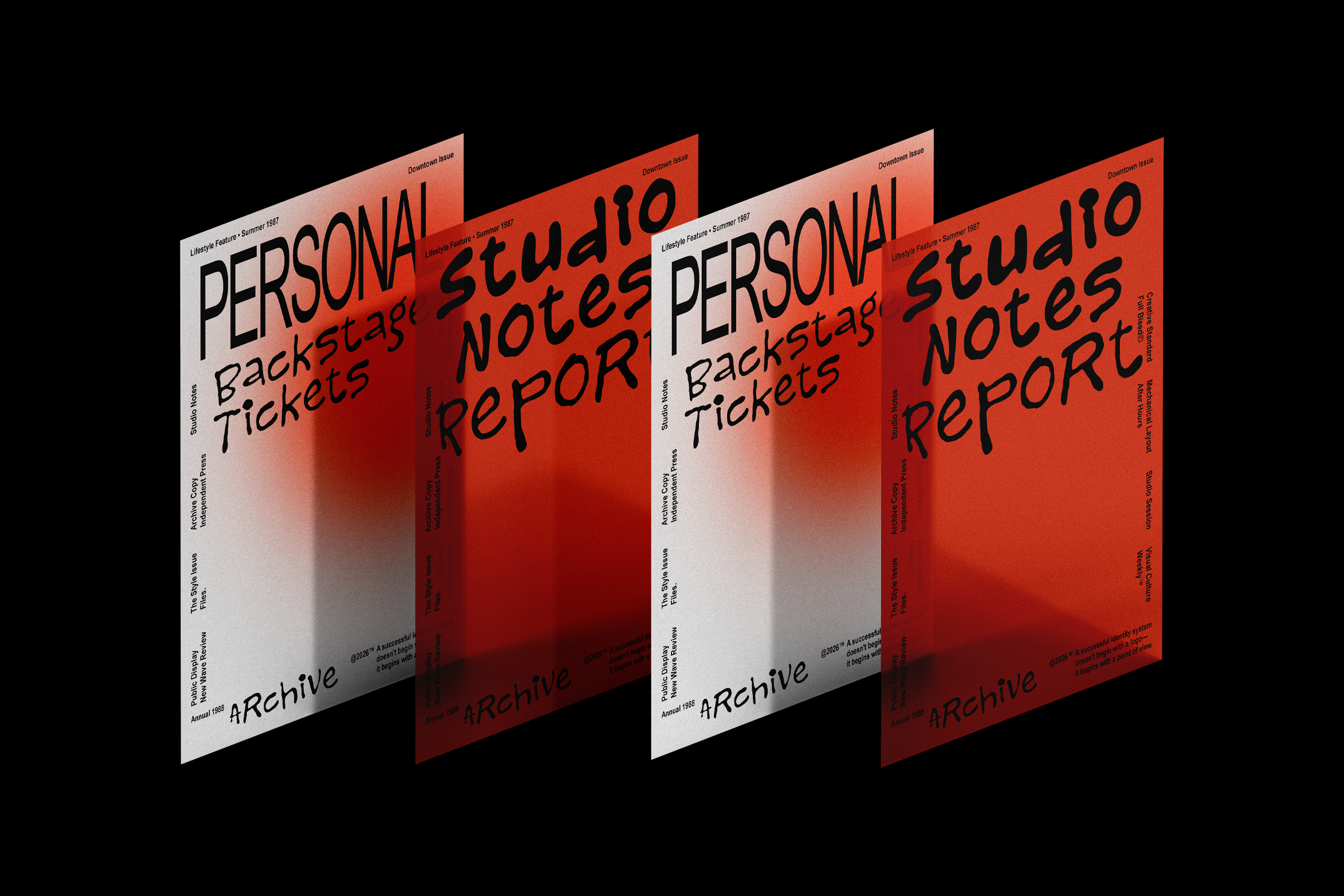 Four isometric poster mockups in red gradient showing personal studio branding layouts with text overlays