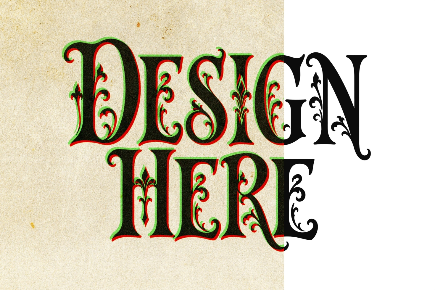 Ornate vintage font with green, red, gold flourishes on aged paper texture background