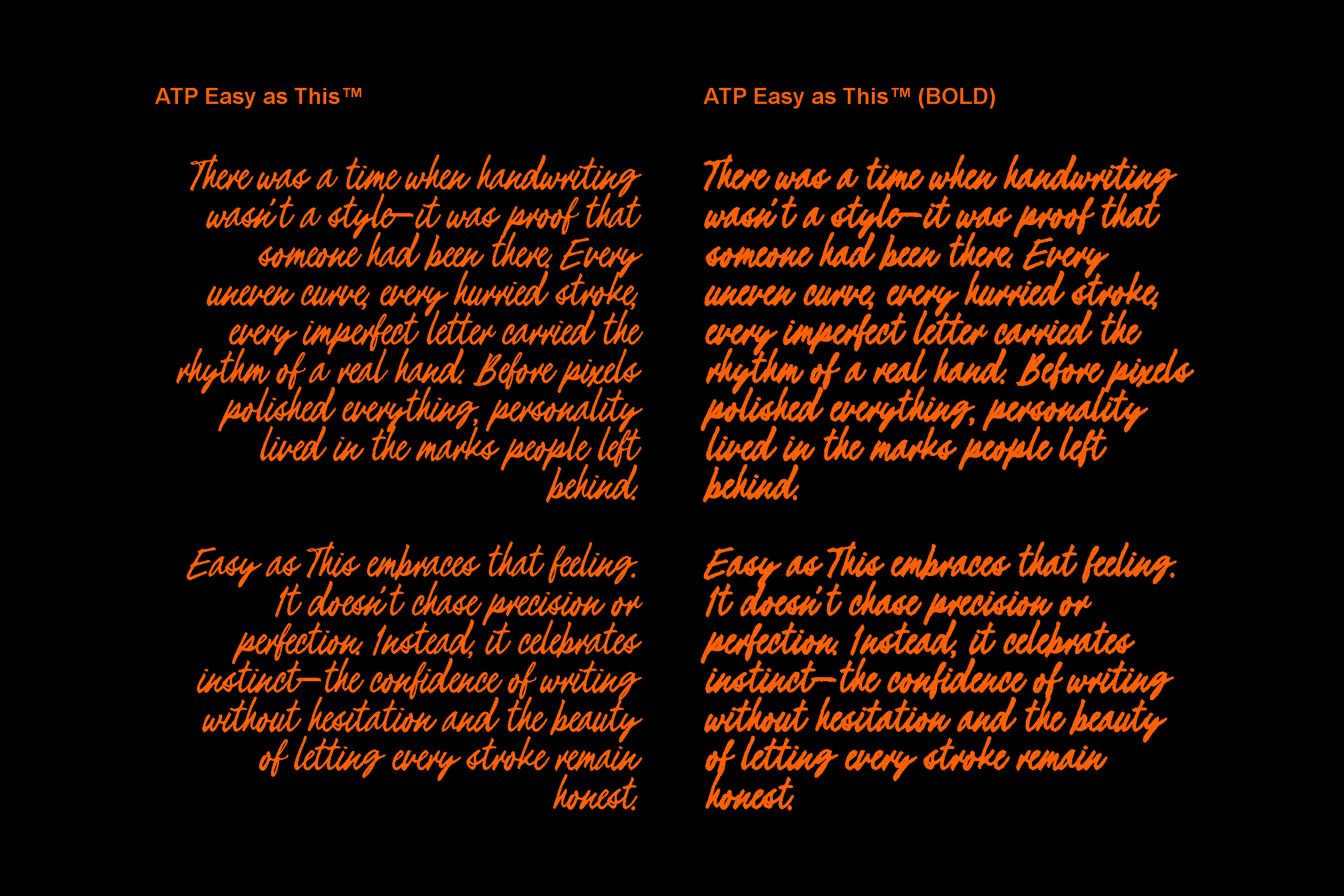 Bright orange handwriting font in regular plus bold weight showing flowing script text on black background