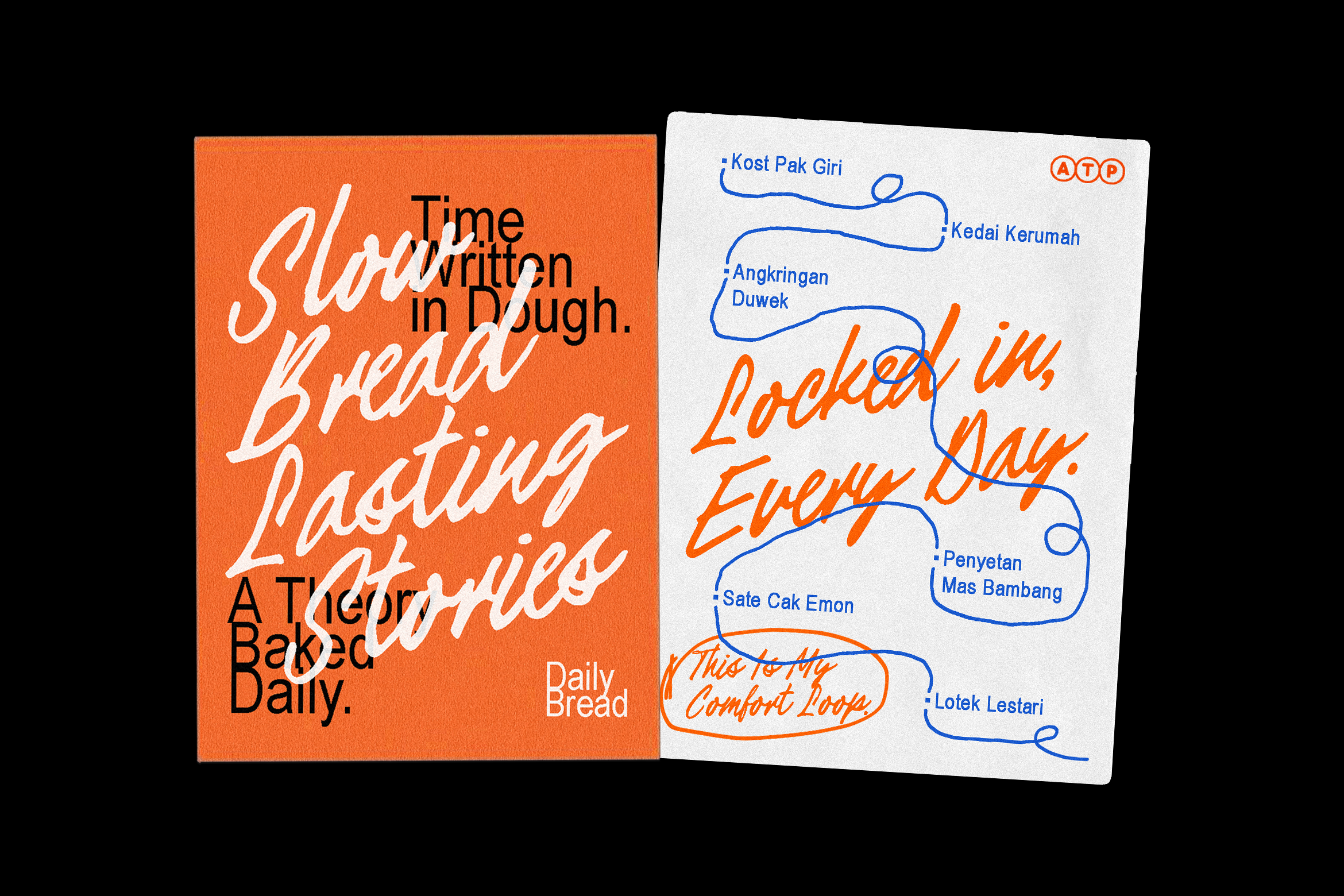 Bright orange bakery flyer with handwritten script next to white menu card with blue handwriting