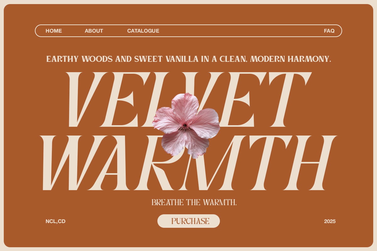 Warm terracotta website mockup with cream serif type, pink flower, navigation bar