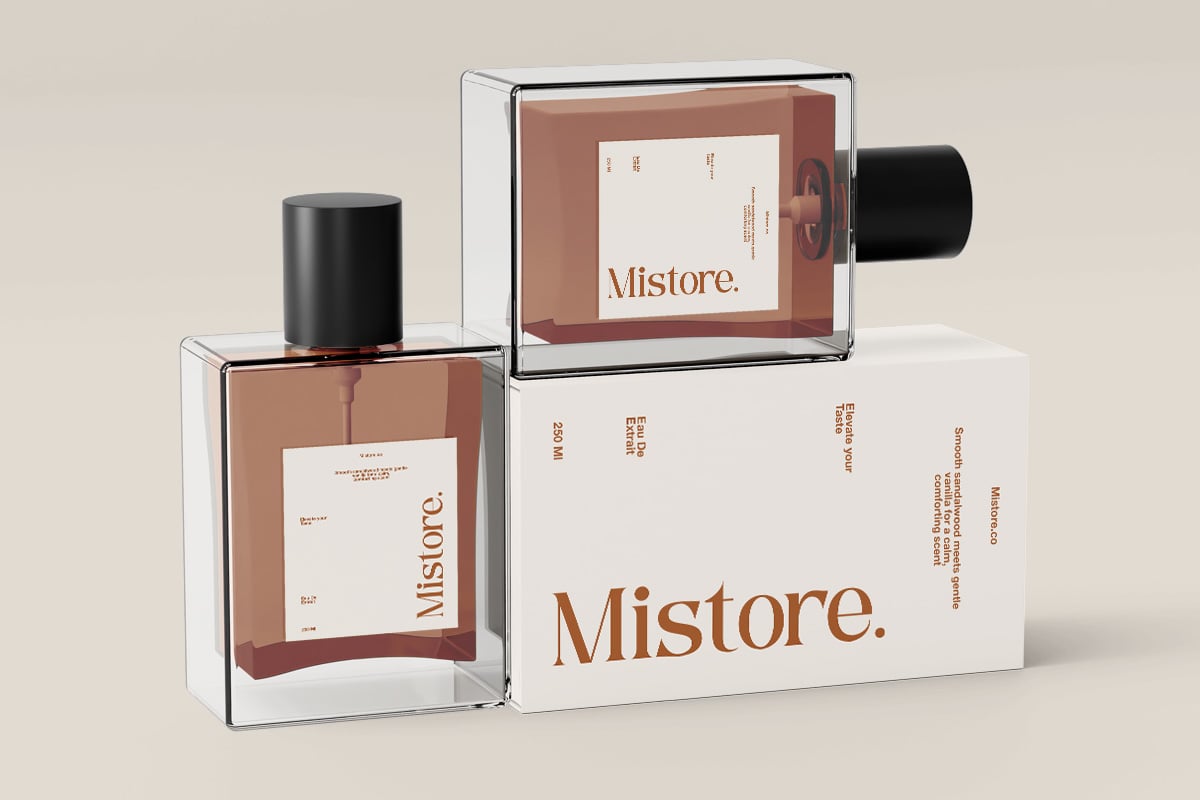 Luxury fragrance branding mockup with perfume bottle, box, tissue wrap showing terracotta logo